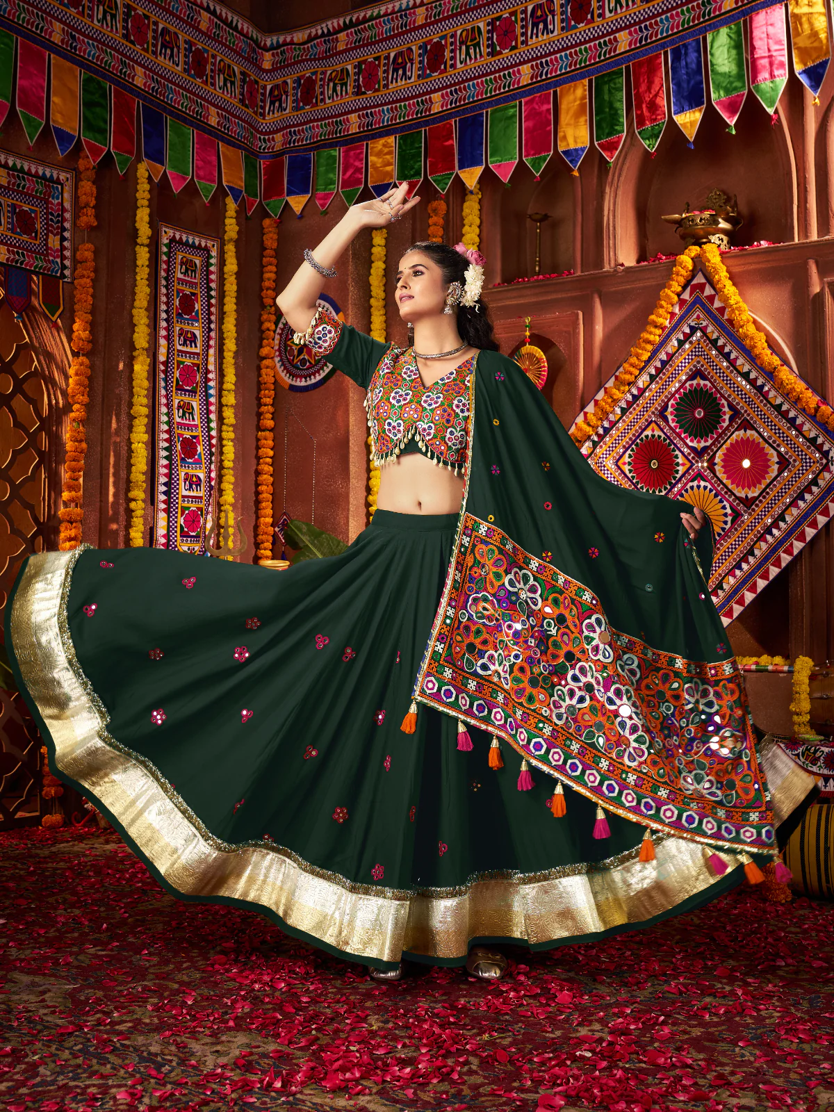 Odette Dark Green Cotton Blend Embroidered Semi-Stitched Lehenga For Women - Image 4