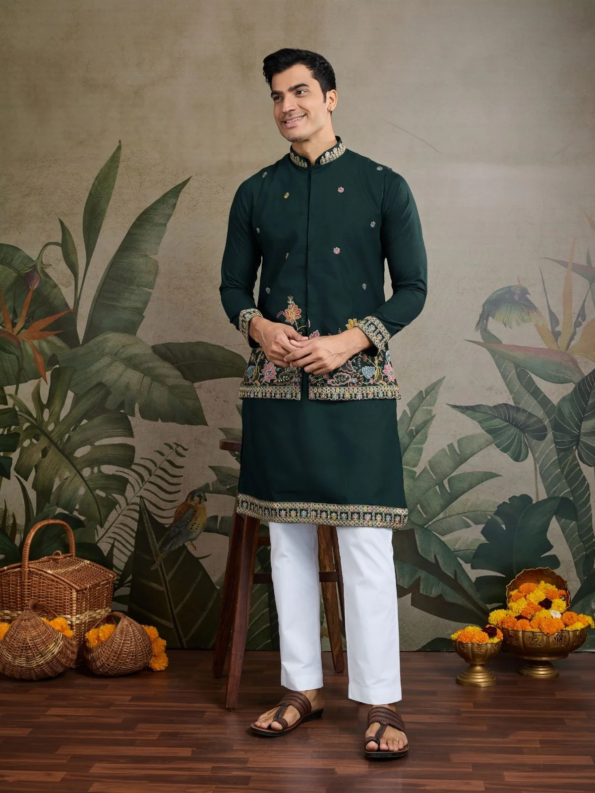 Odette Dark Green Cotton Blend Embroidered Stitched Kurta For Men - Image 2