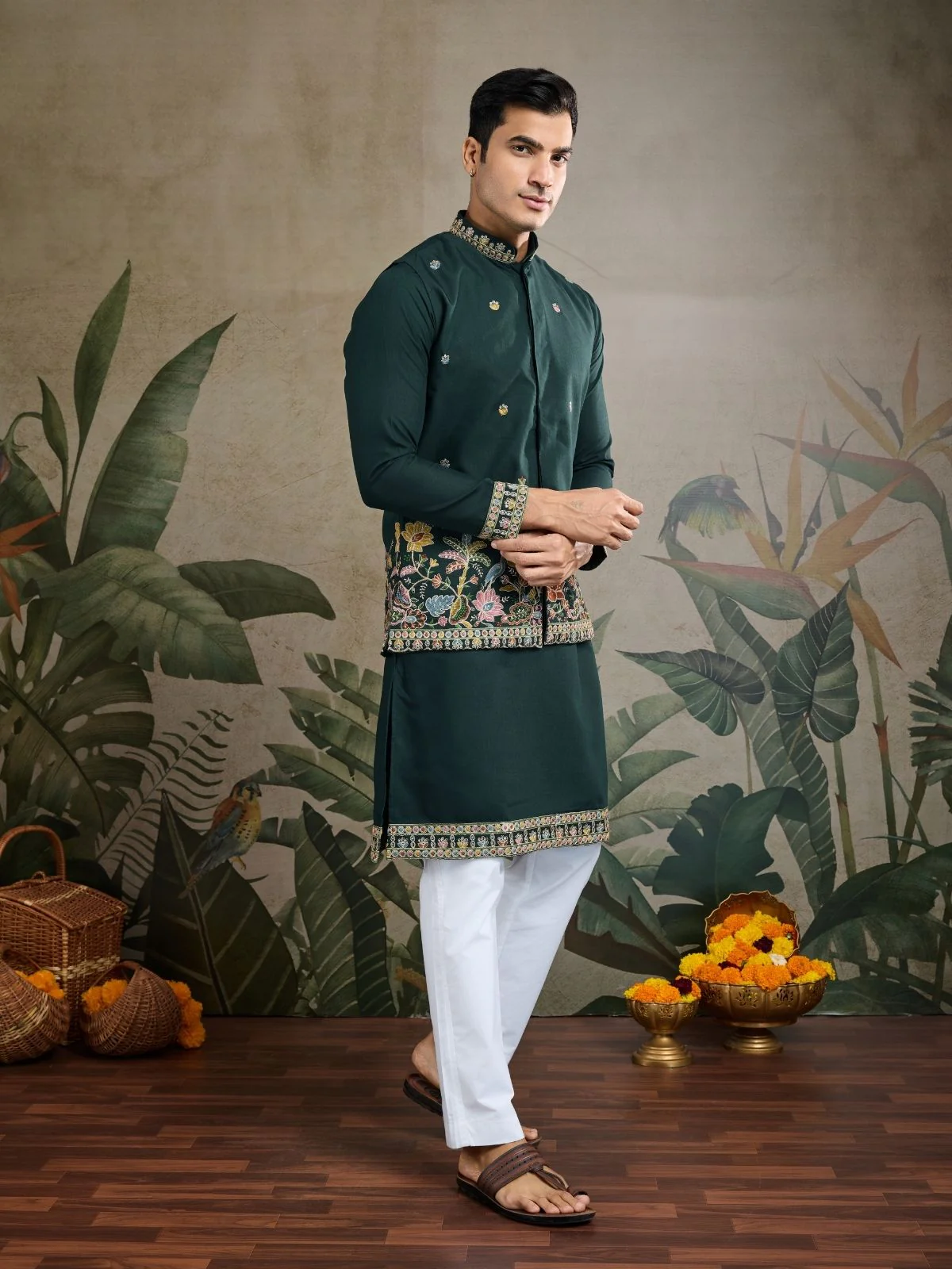 Odette Dark Green Cotton Blend Embroidered Stitched Kurta For Men - Image 3