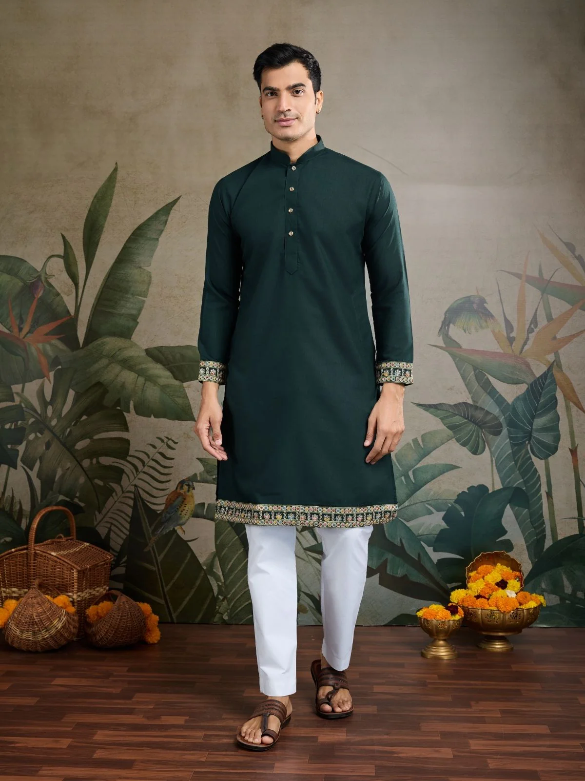 Odette Dark Green Cotton Blend Embroidered Stitched Kurta For Men - Image 4