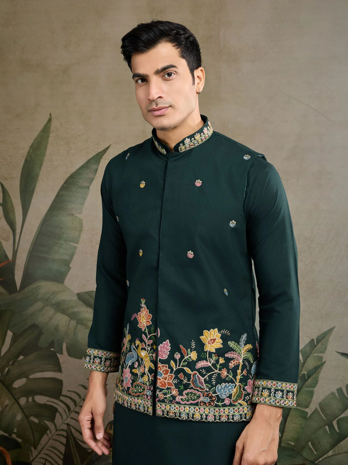 Odette Dark Green Cotton Blend Embroidered Stitched Kurta For Men - Image 6