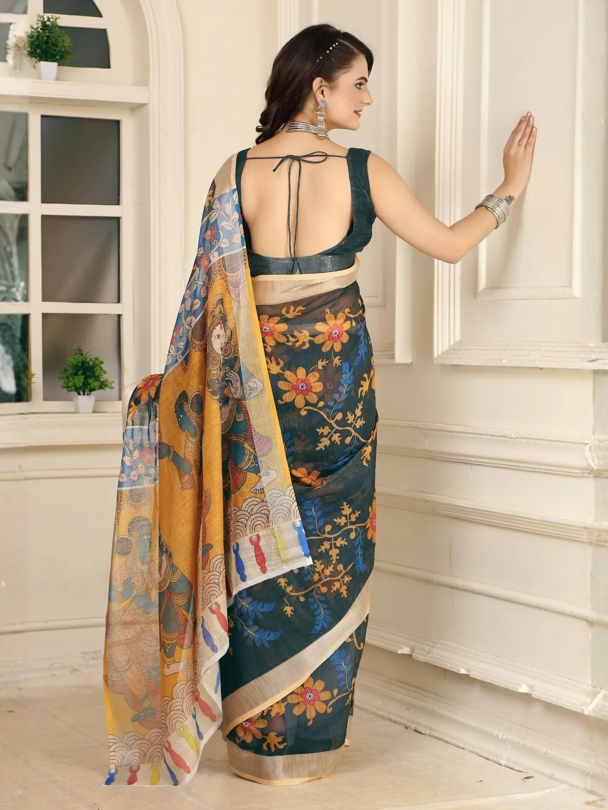 Odette Dark Green Cotton Linen Woven Printed Saree For Women - Image 3