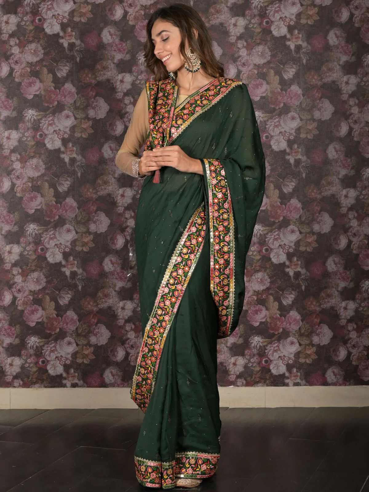 Odette Dark Green Embellished Satin Saree with Unstitched Blouse for Women - Image 2