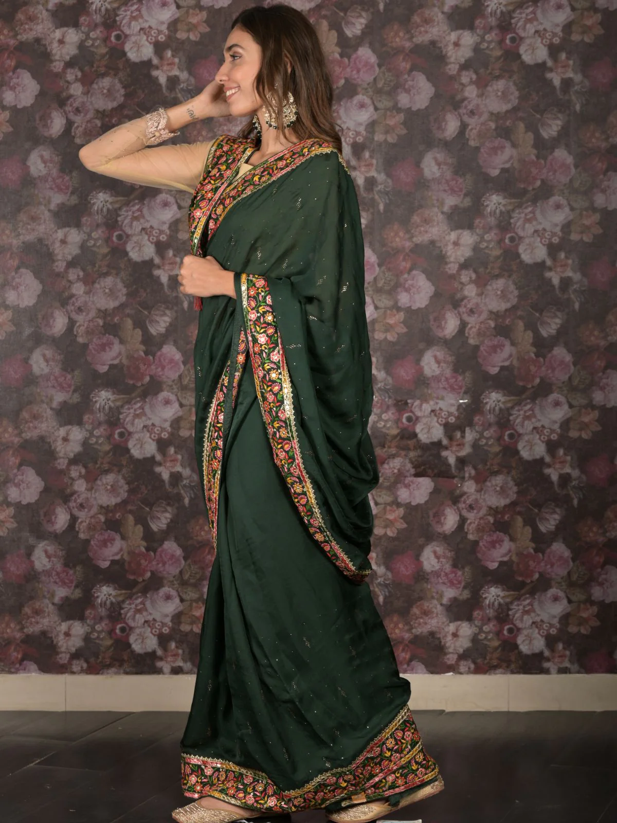 Odette Dark Green Embellished Satin Saree with Unstitched Blouse for Women - Image 3