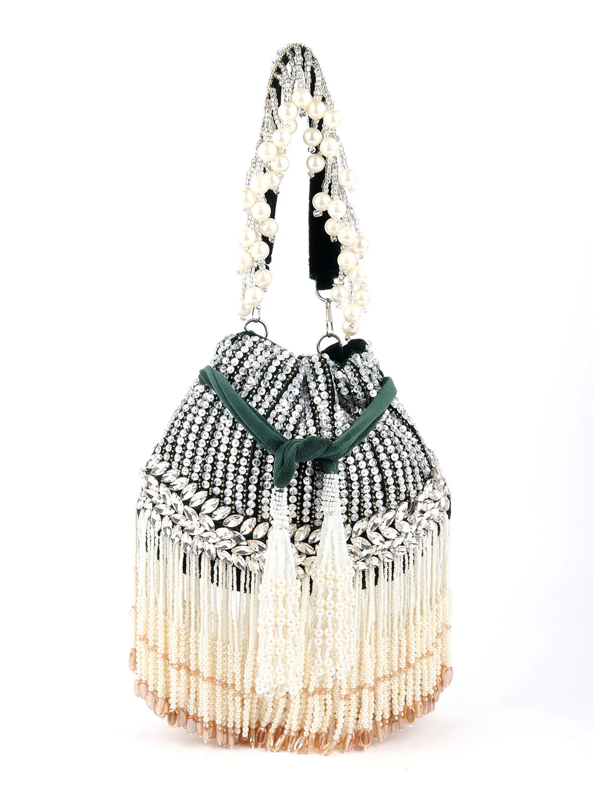 Odette Dark Green Embroidered Bridal Potli Bag with Tassels For Women - Image 3
