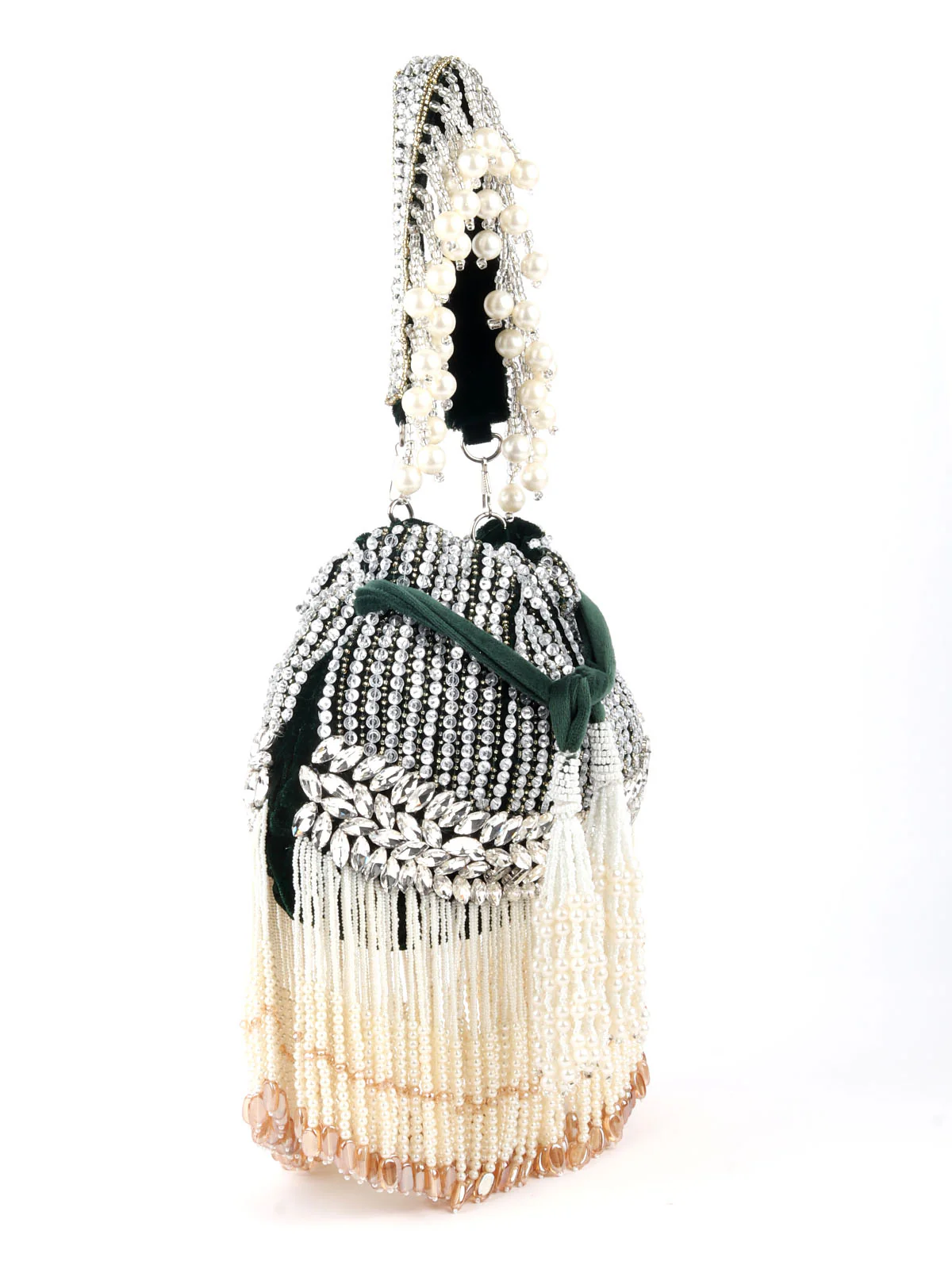 Odette Dark Green Embroidered Bridal Potli Bag with Tassels For Women - Image 4