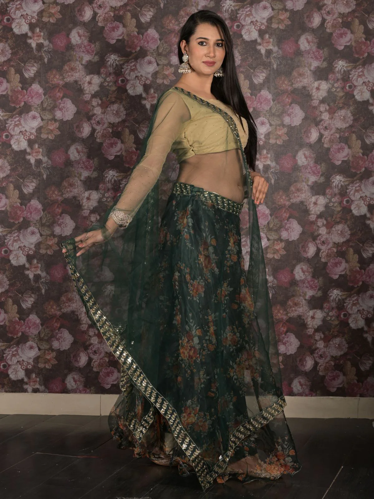 Odette Dark Green Embroidered Lehenga Set With Dupatta And Unstitched Blouse For Women - Image 3