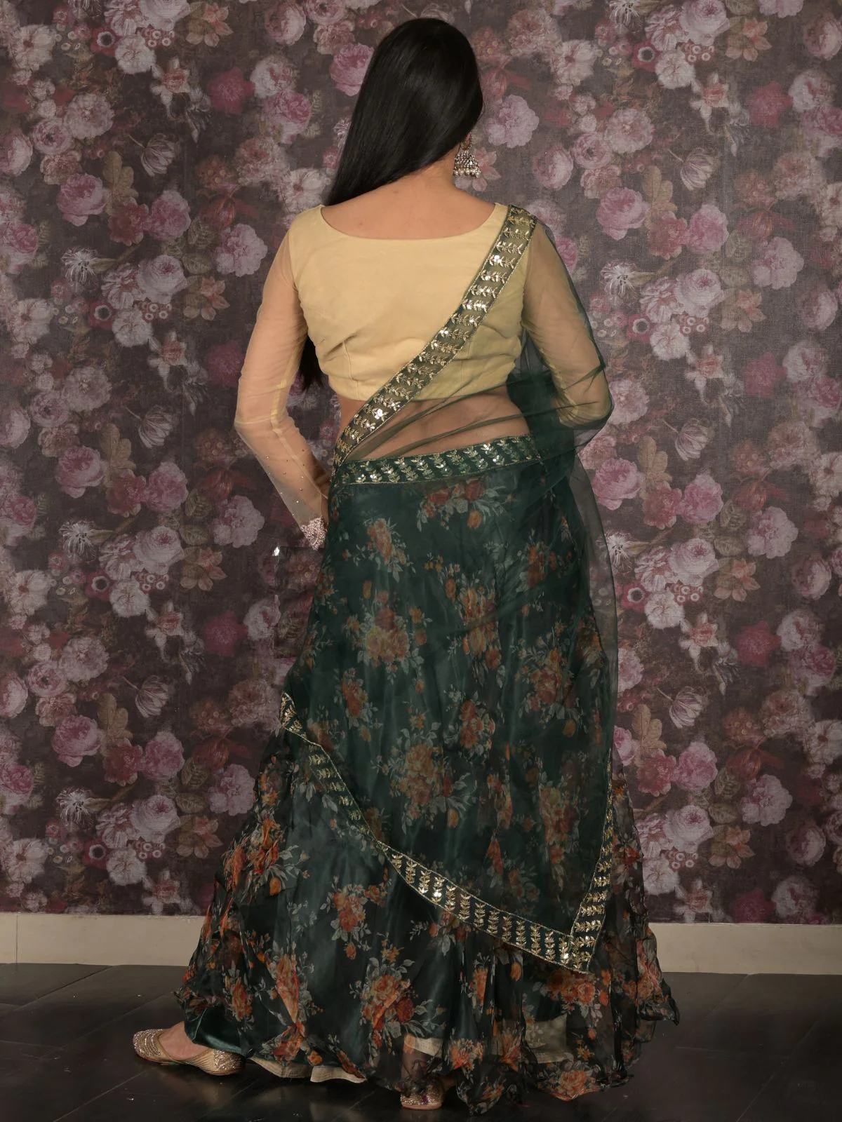 Odette Dark Green Embroidered Lehenga Set With Dupatta And Unstitched Blouse For Women - Image 4