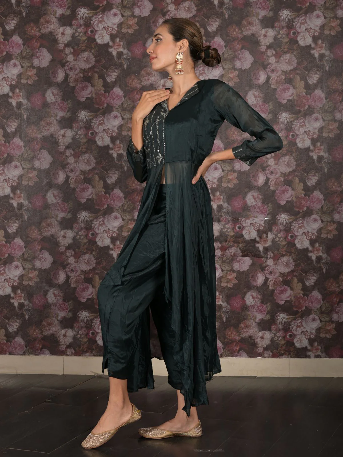 Odette Dark Green Embroidered Long Stitched Kurta Set For Women - Image 3