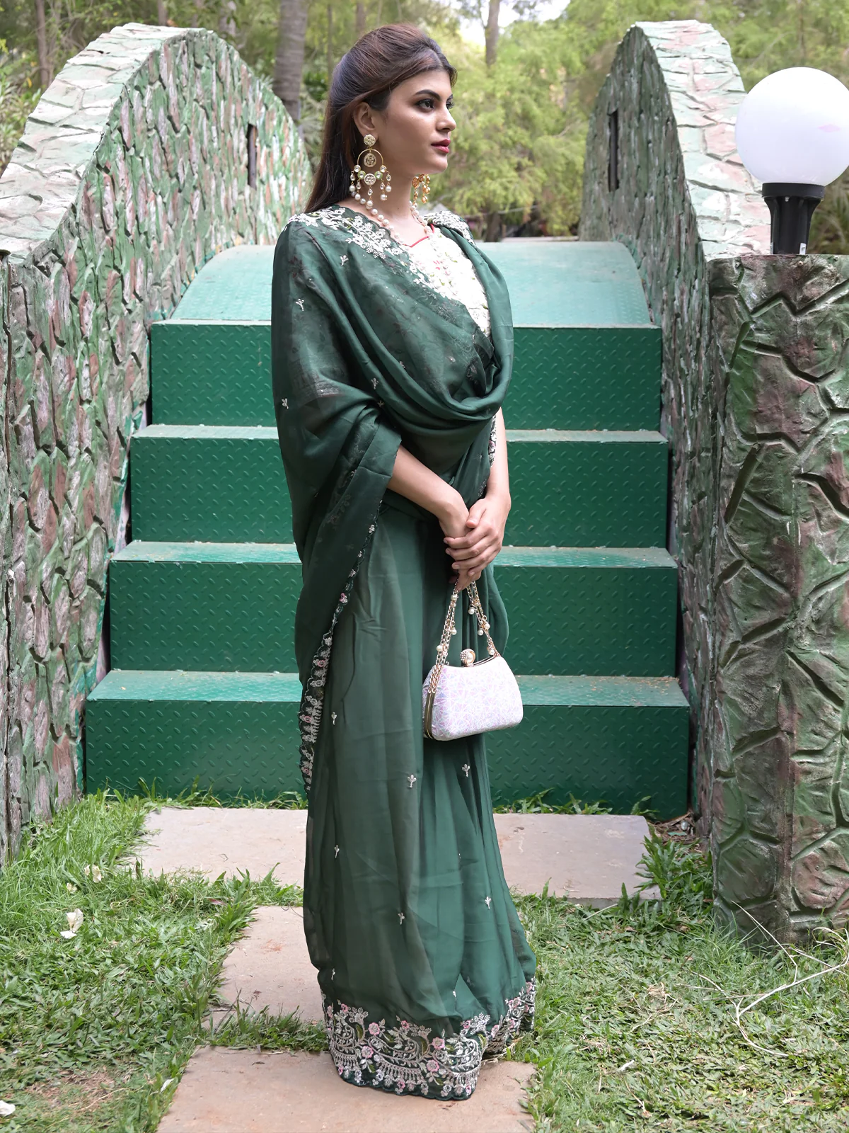 Odette Dark Green Embroidered Satin Georgette Saree with Unstitched Blouse for Women - Image 2