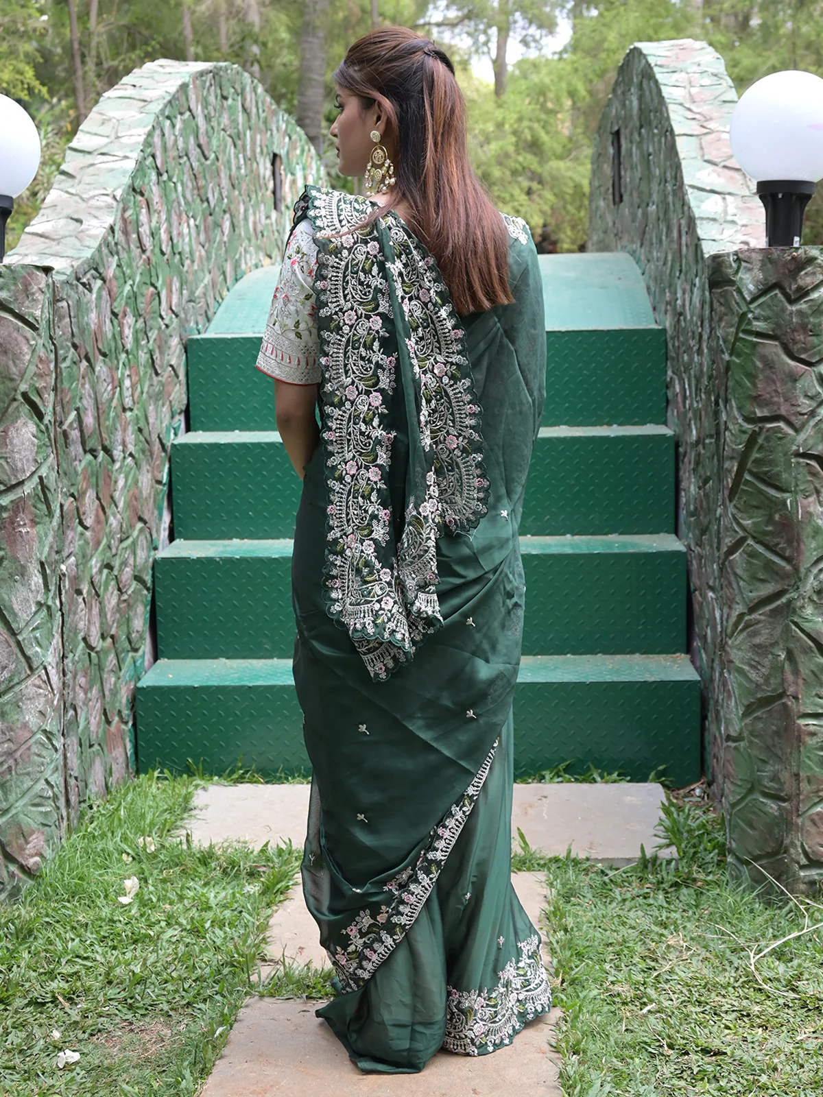 Odette Dark Green Embroidered Satin Georgette Saree with Unstitched Blouse for Women - Image 3