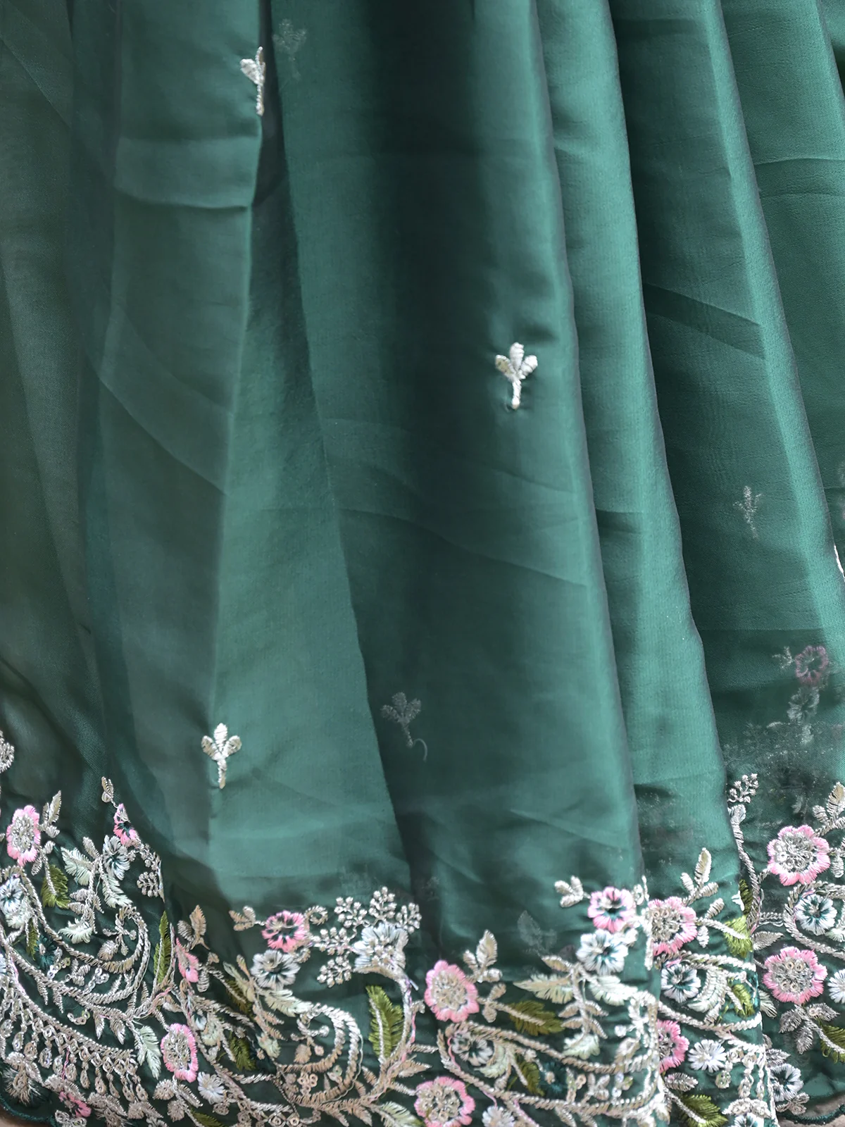 Odette Dark Green Embroidered Satin Georgette Saree with Unstitched Blouse for Women - Image 5