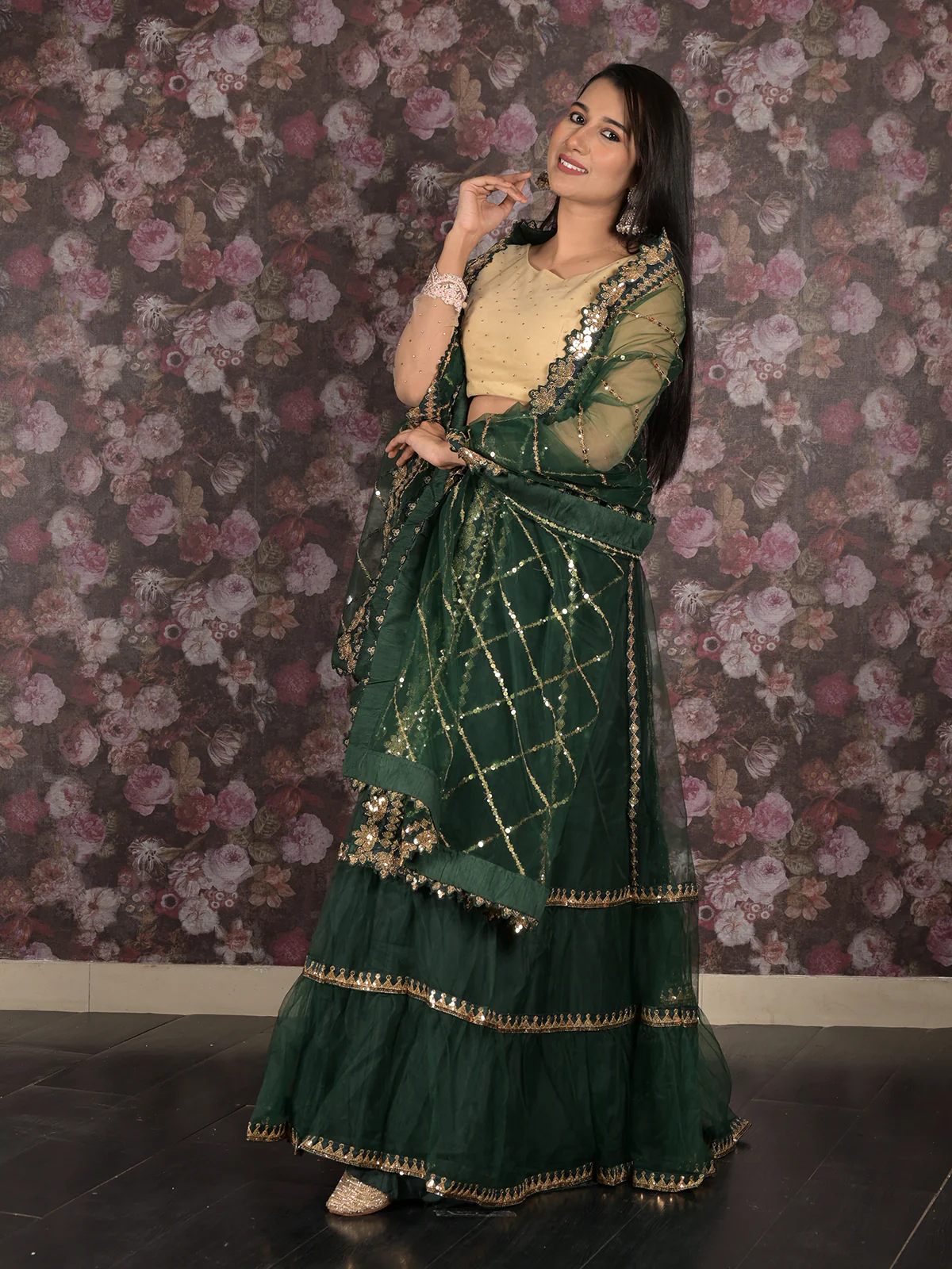 Odette Dark Green Embroidered Semi Stitched Net Lehenga Set With Dupatta And Unstitched Blouse For Women - Image 2