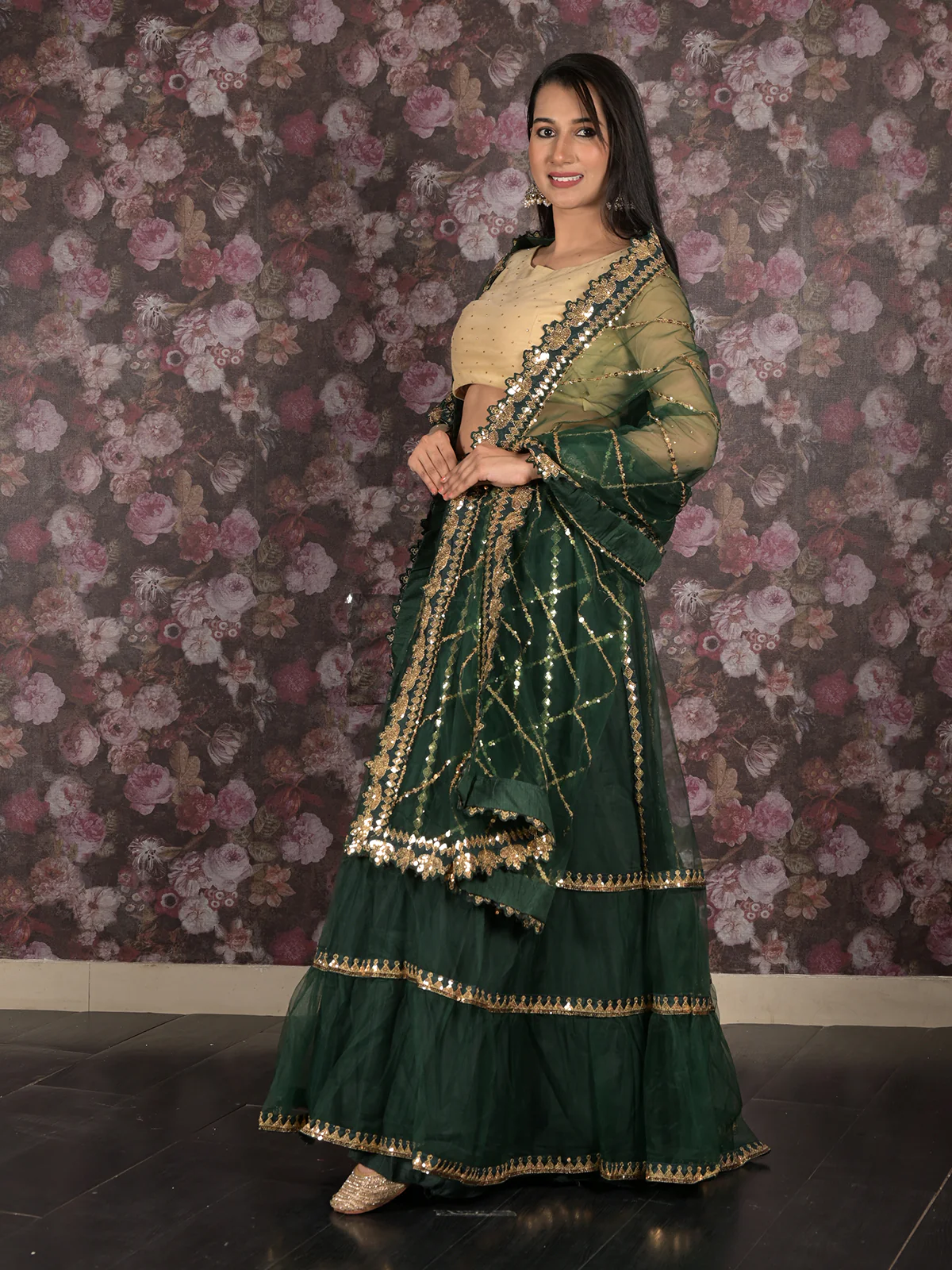 Odette Dark Green Embroidered Semi Stitched Net Lehenga Set With Dupatta And Unstitched Blouse For Women - Image 4