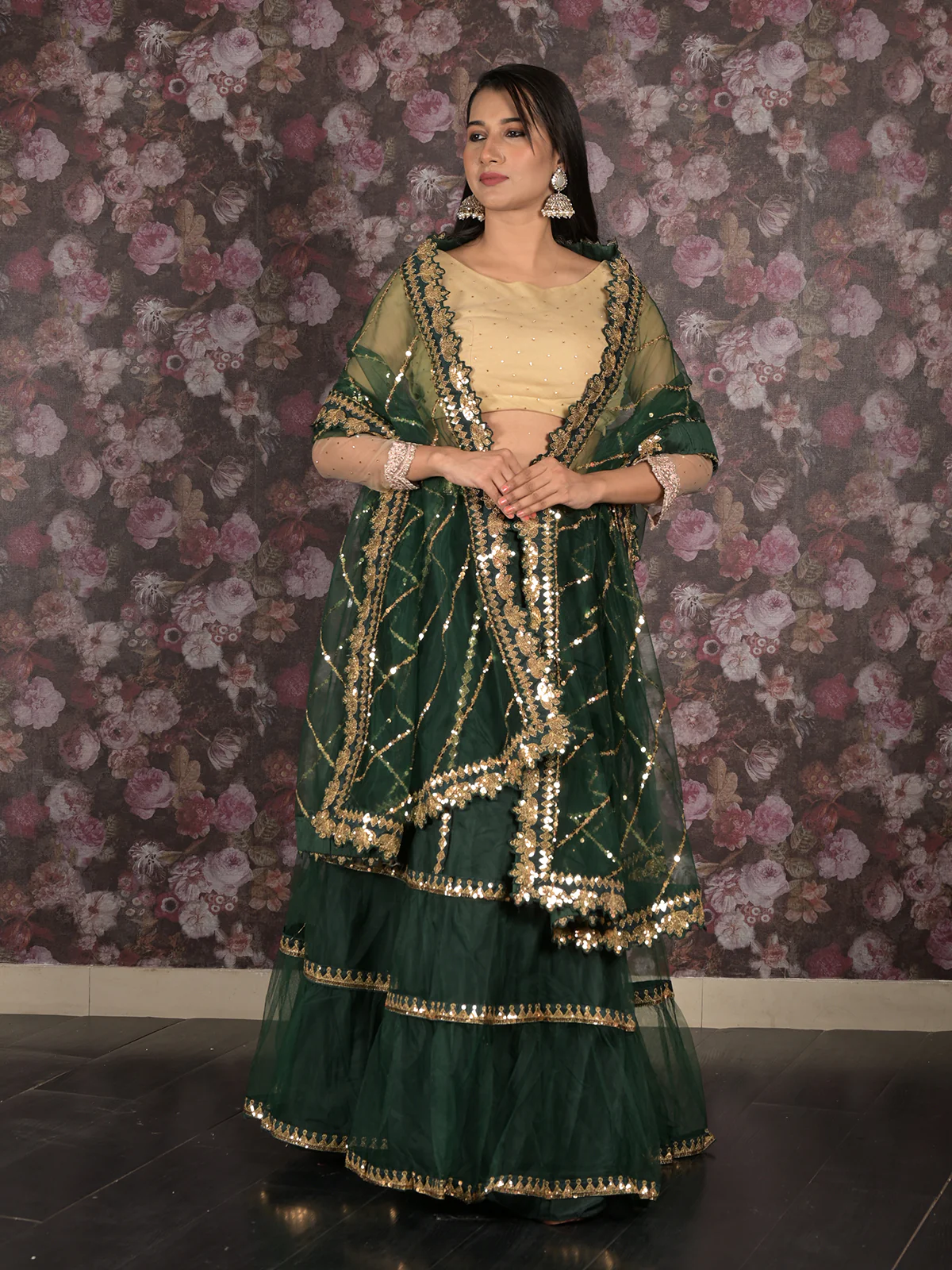 Odette Dark Green Embroidered Semi Stitched Net Lehenga Set With Dupatta And Unstitched Blouse For Women - Image 5