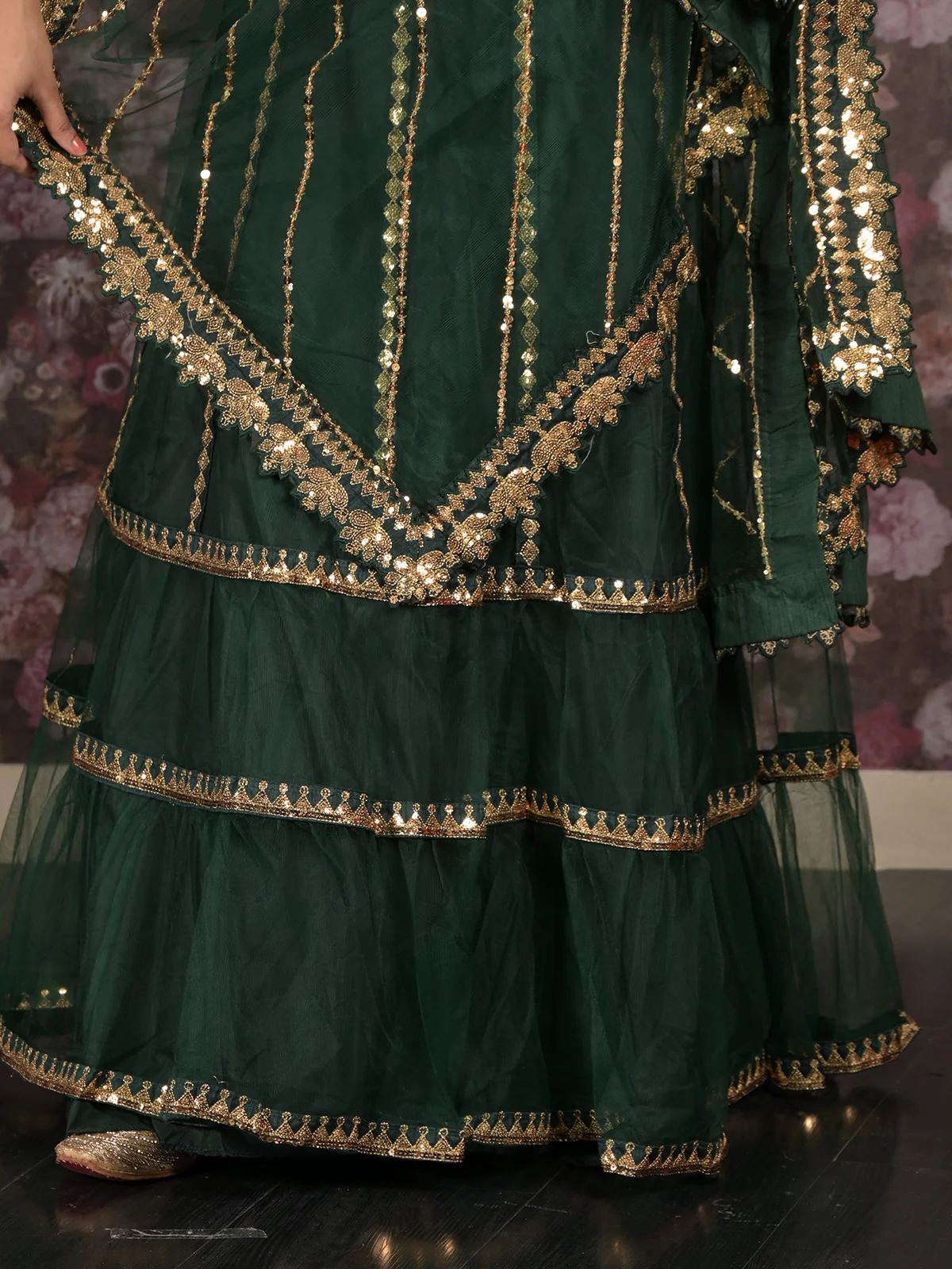 Odette Dark Green Embroidered Semi Stitched Net Lehenga Set With Dupatta And Unstitched Blouse For Women - Image 6