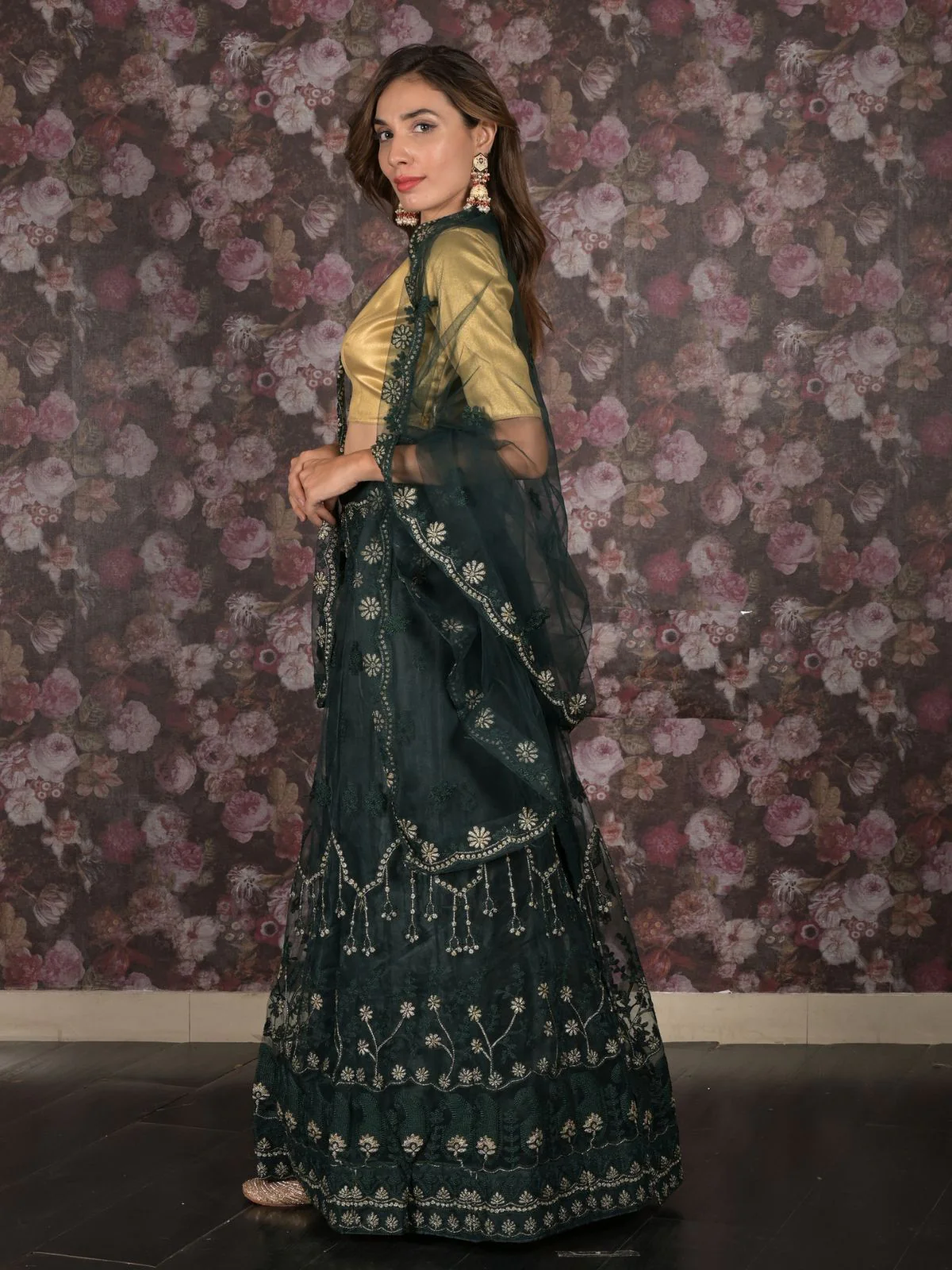Odette Dark Green Embroidered Semi-Stitched Net Lehenga with Unstitched Blouse for Women - Image 3