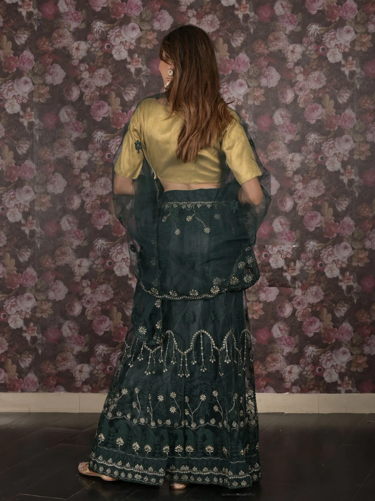 Odette Dark Green Embroidered Semi-Stitched Net Lehenga with Unstitched Blouse for Women - Image 4