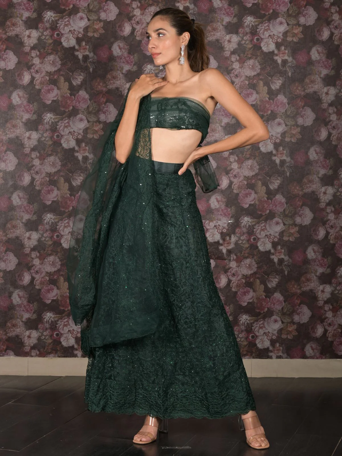 Odette Dark Green Embroidered Semi-Stitched Net Lehenga with Unstitched Blouse for Women - Image 2