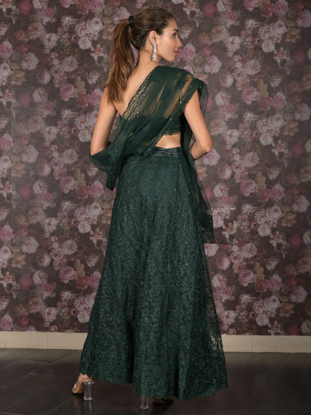 Odette Dark Green Embroidered Semi-Stitched Net Lehenga with Unstitched Blouse for Women - Image 4