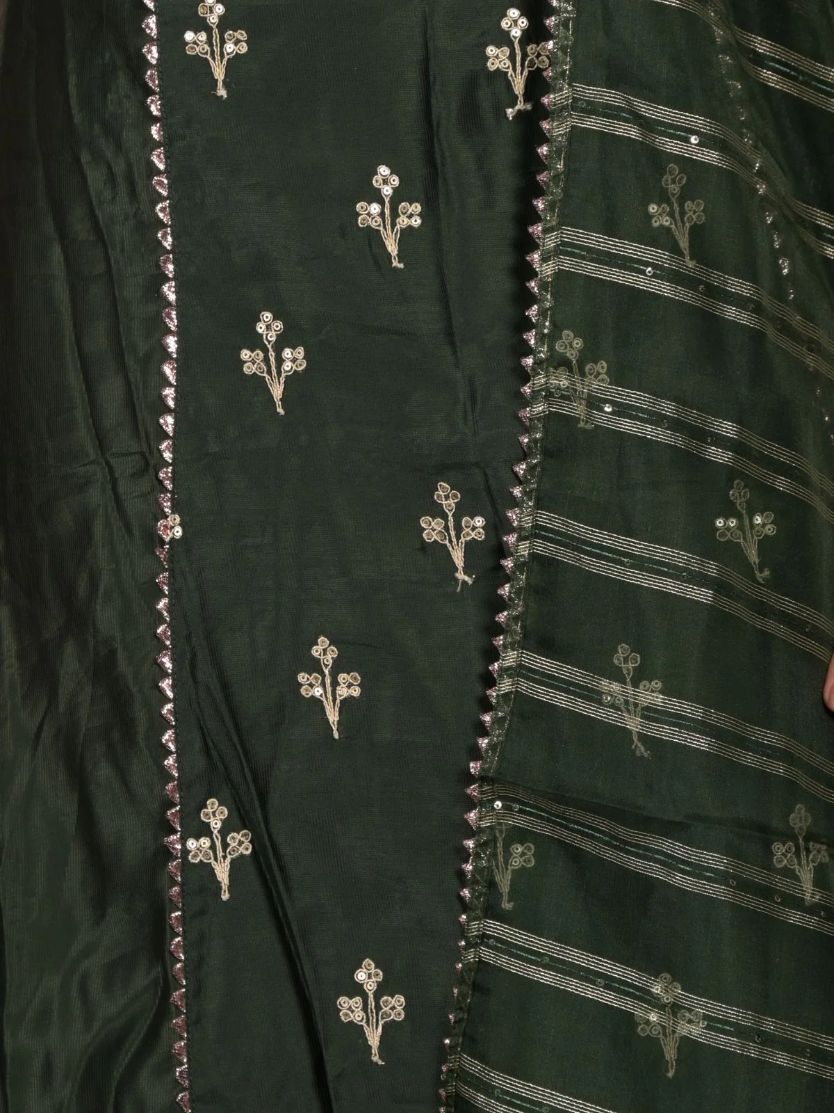 Odette Dark Green Embroidered Stitched Cotton Blend Kurta Set for Women - Image 5