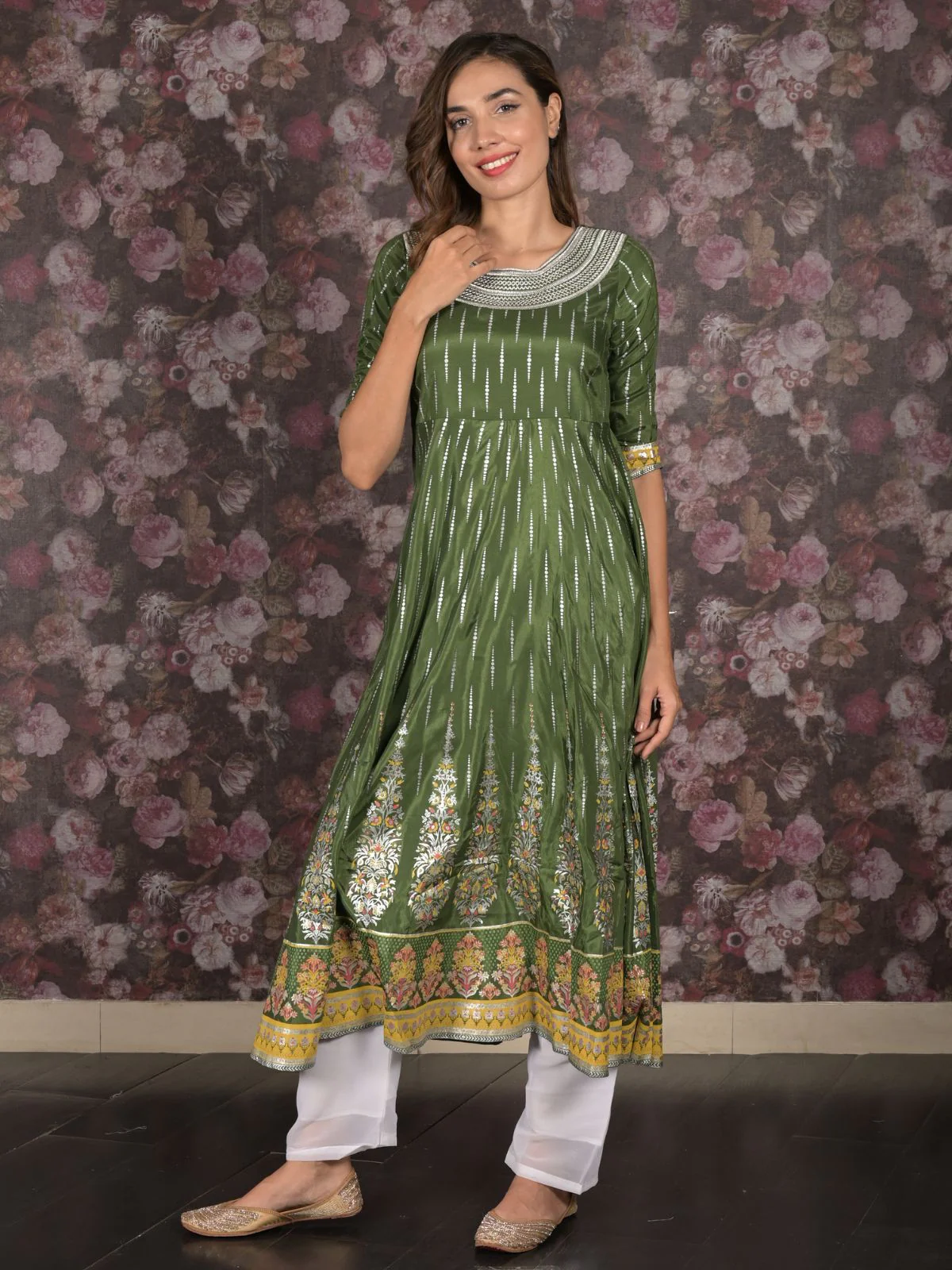 Odette Dark Green Flared Embroidered Stitched Kurta For Women - Image 2