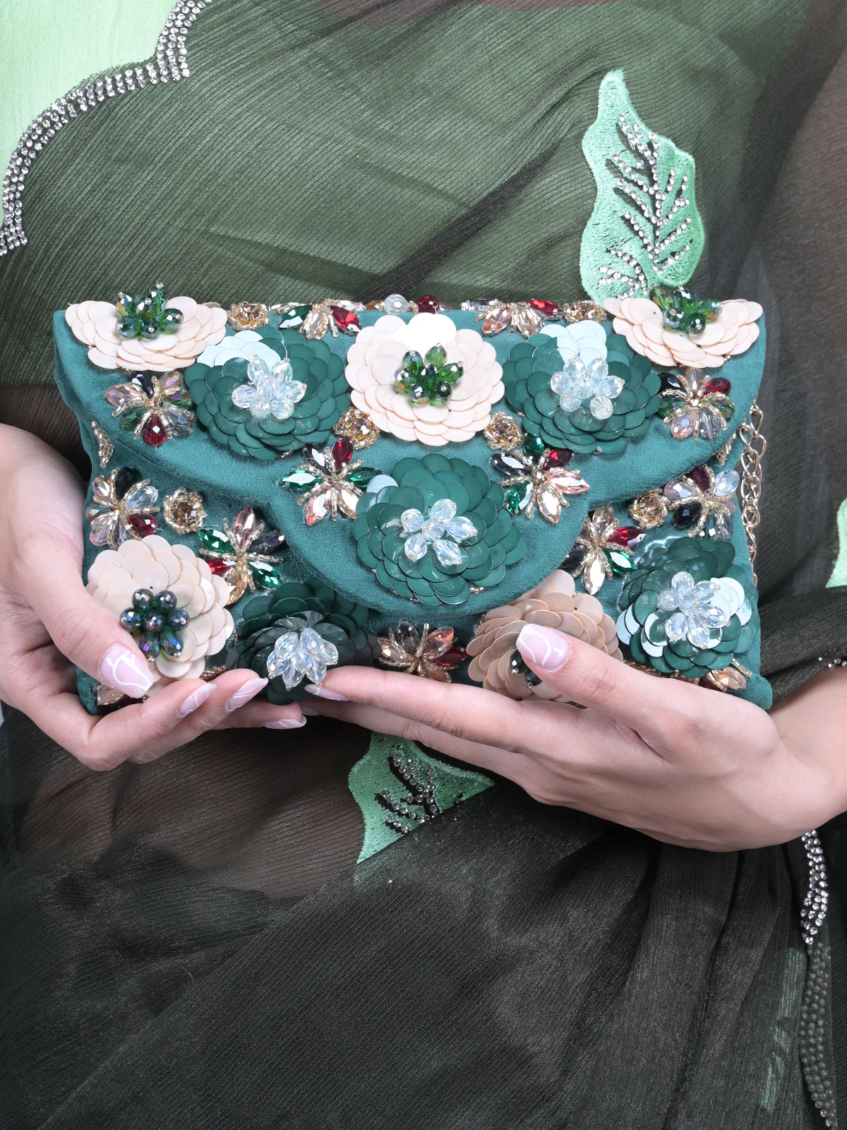 Odette Dark Green Floral Embroidered Clutch for Women - Image 2