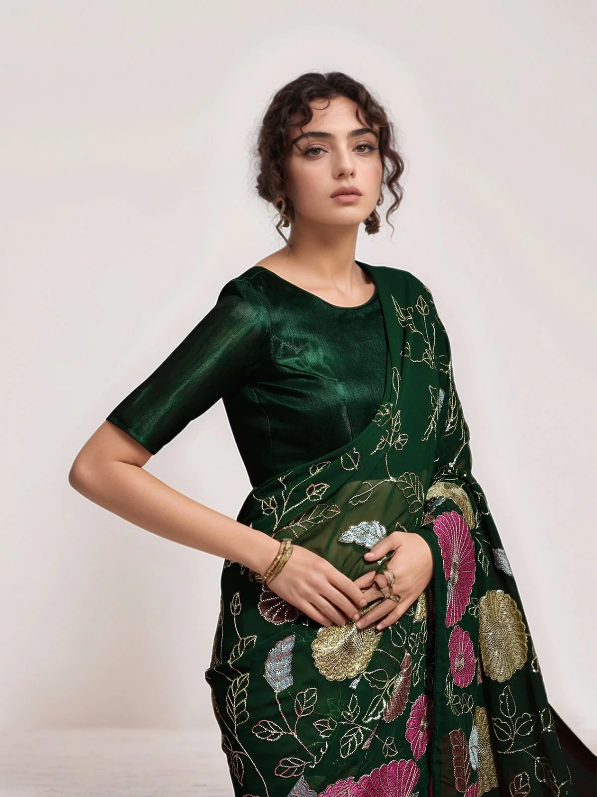 Odette Dark Green Georgette Embellished Saree For Women - Image 2
