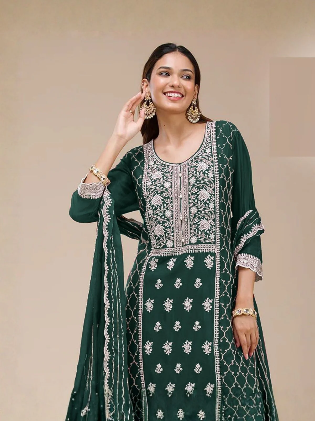 Odette Dark Green Georgette Embroidered Semi Stitched Kurta Set For Women - Image 2