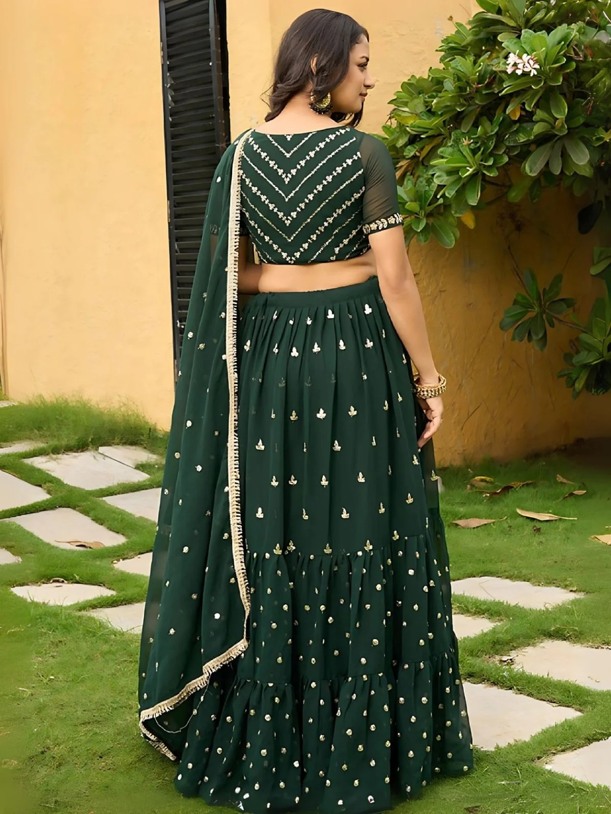 Odette Dark Green Georgette Embroidered Semi-Stitched Lehenga For Women - Image 2