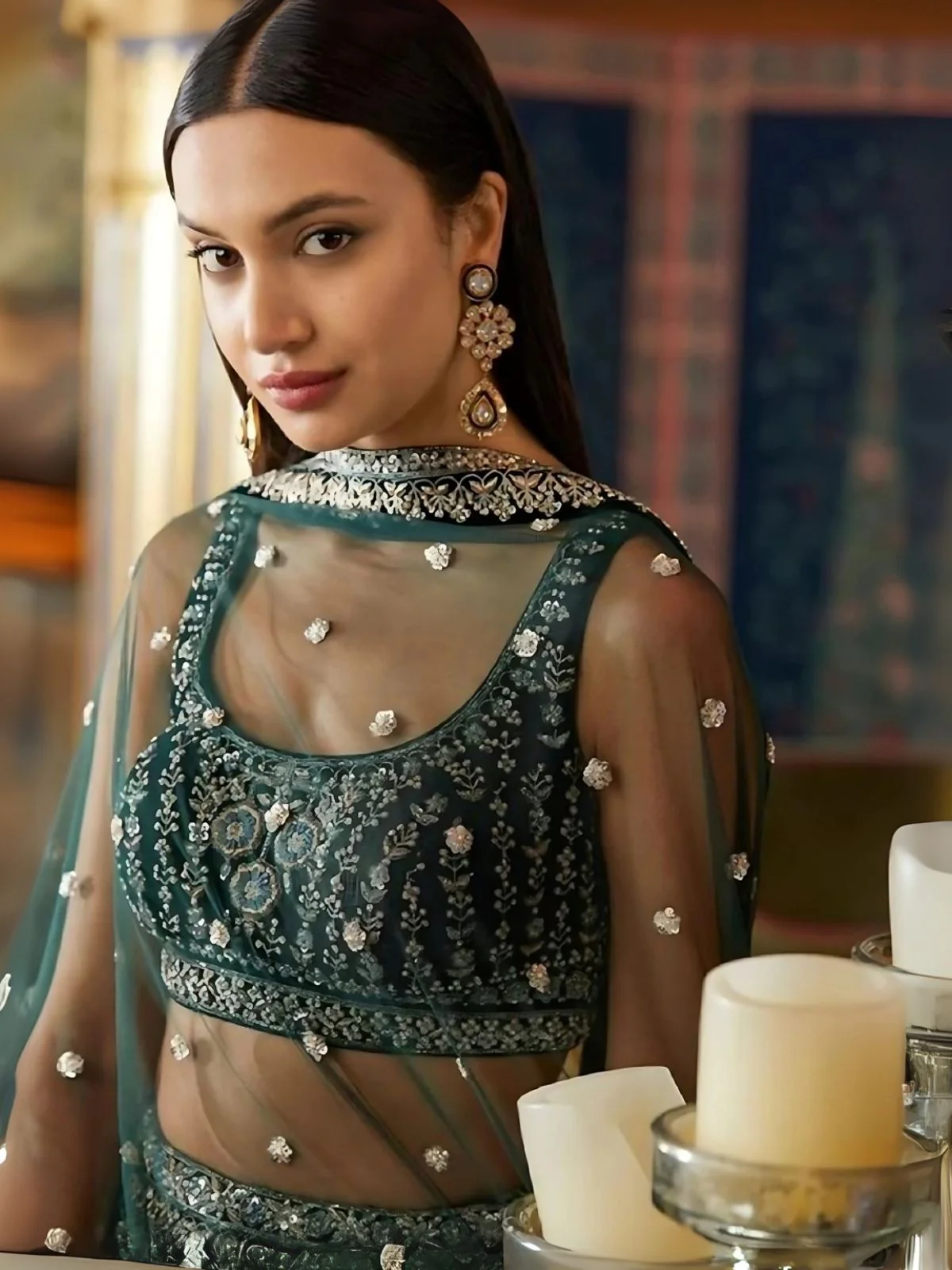 Odette Dark Green Georgette Embroidered Semi-Stitched Lehenga For Women - Image 3
