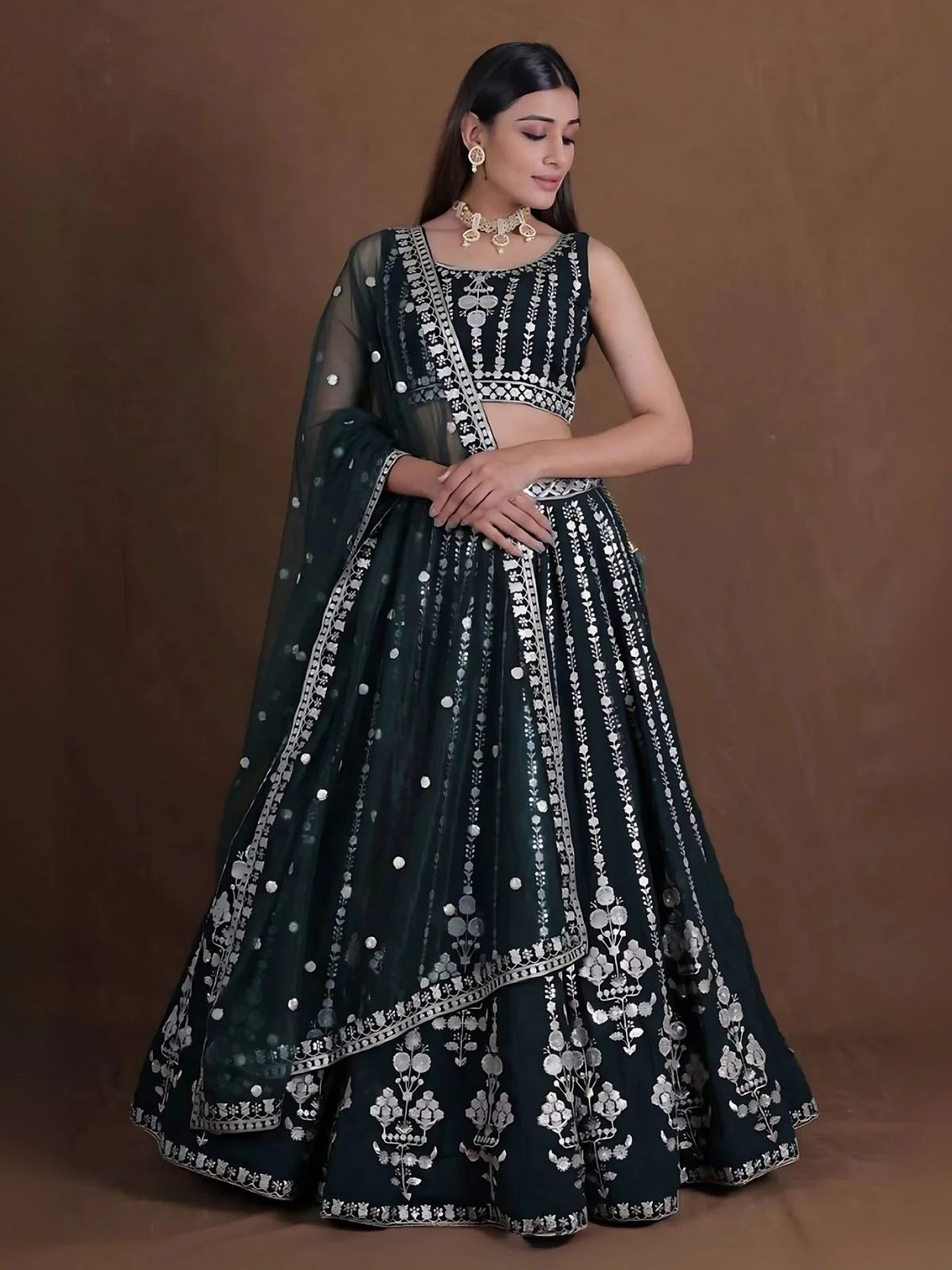 Odette Dark Green Georgette Embroidered Semi-Stitched Lehenga For Women - Image 2