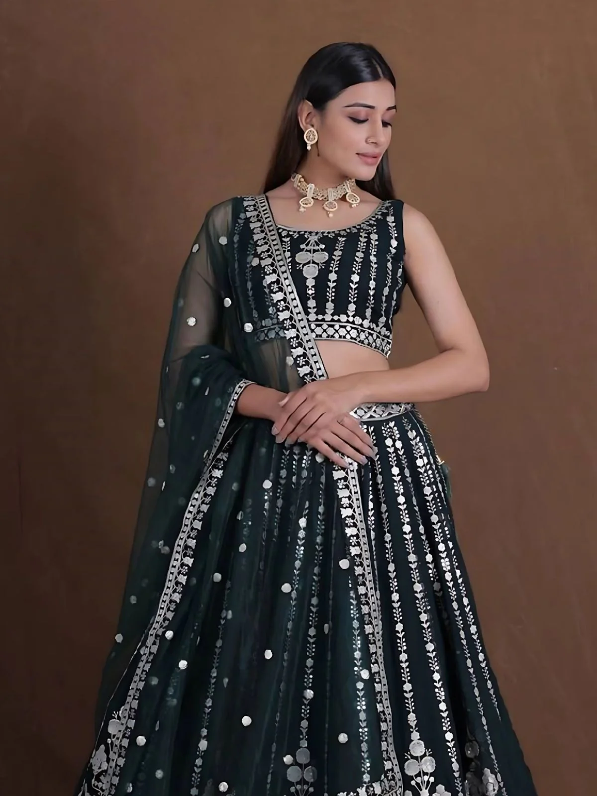 Odette Dark Green Georgette Embroidered Semi-Stitched Lehenga For Women - Image 3