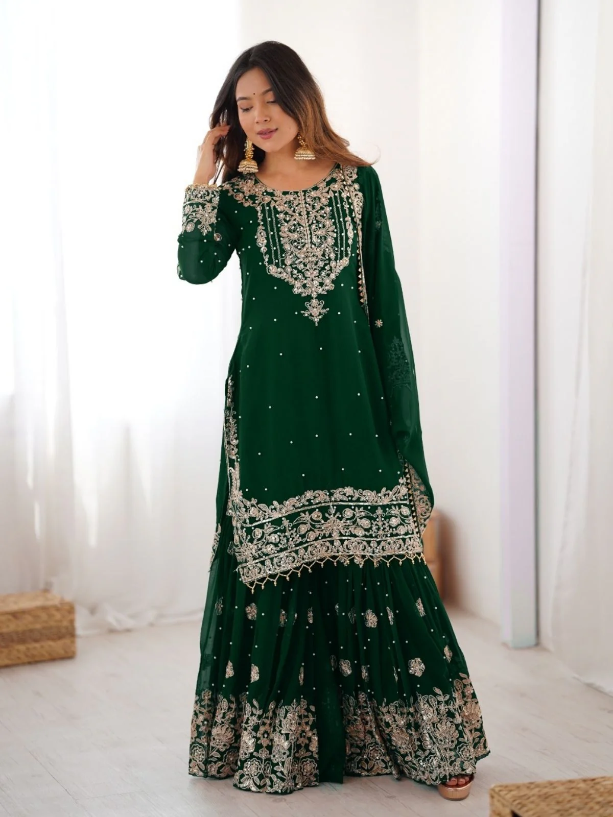 Odette Dark Green Georgette Embroidered Stitched Kurta Set For Women - Image 3