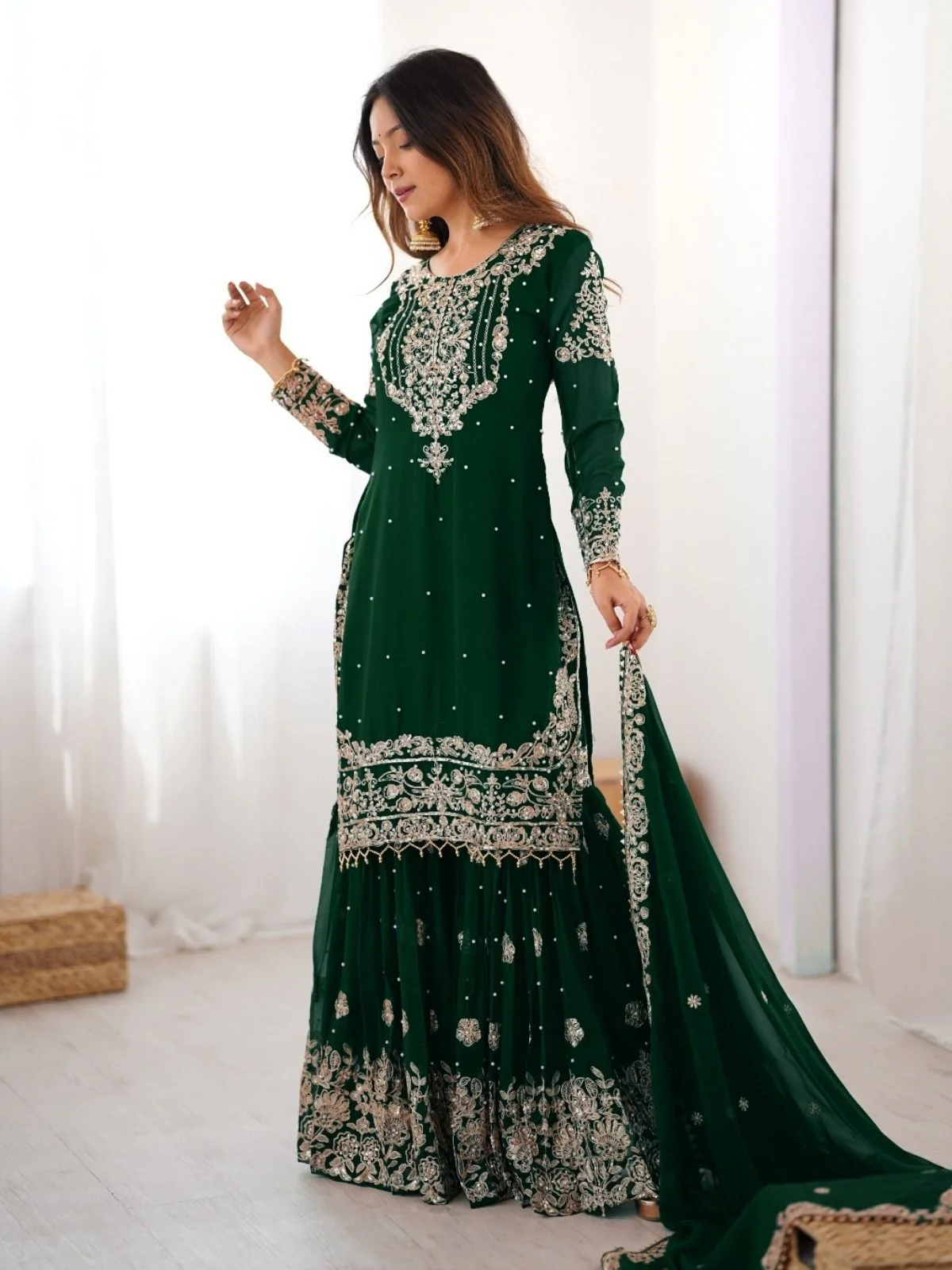 Odette Dark Green Georgette Embroidered Stitched Kurta Set For Women - Image 4