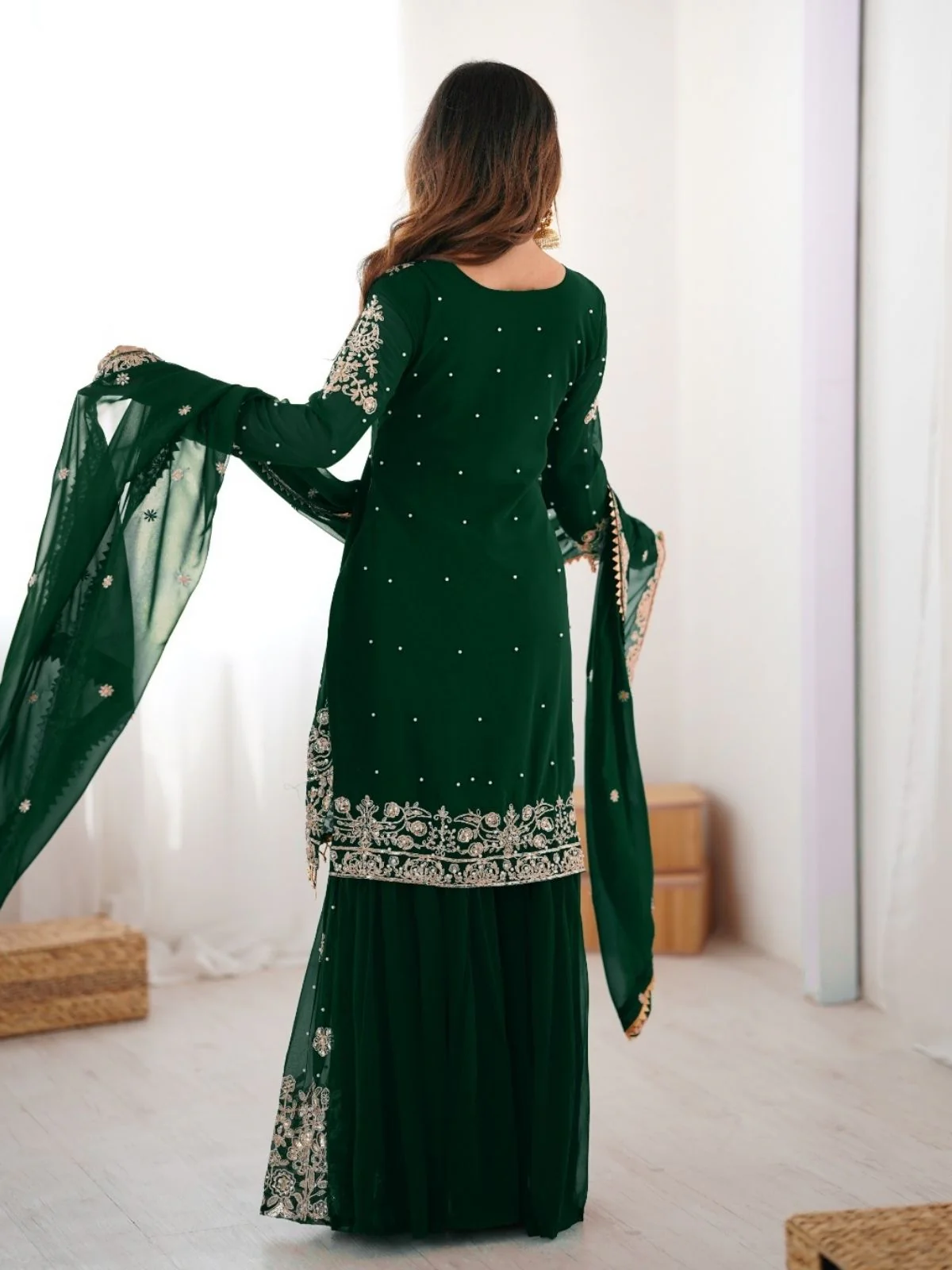 Odette Dark Green Georgette Embroidered Stitched Kurta Set For Women - Image 5