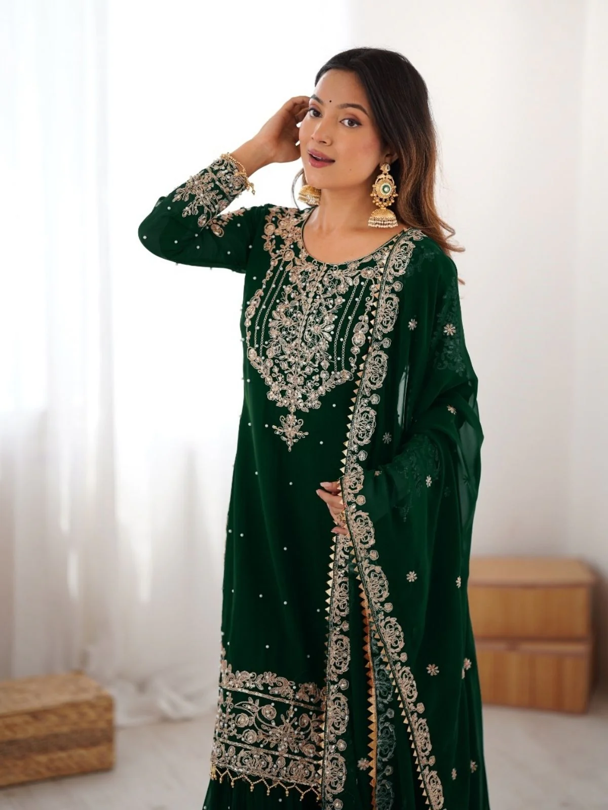 Odette Dark Green Georgette Embroidered Stitched Kurta Set For Women - Image 6