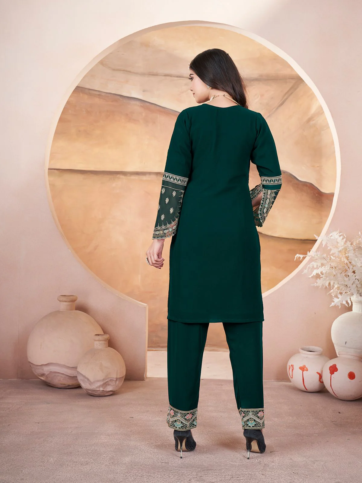 Odette Dark Green Georgette Embroidered Stitched Kurta Set For Women - Image 3