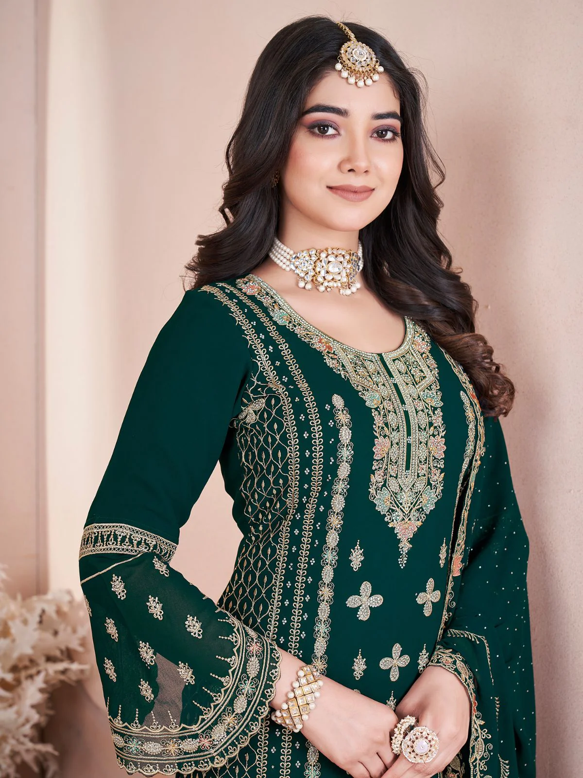 Odette Dark Green Georgette Embroidered Stitched Kurta Set For Women - Image 4