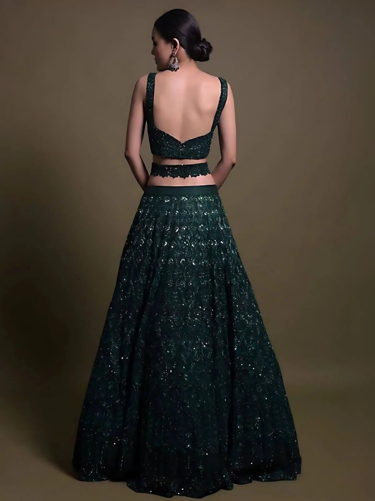Odette Dark Green Net Embellished Semi-Stitched Lehenga For Women - Image 2