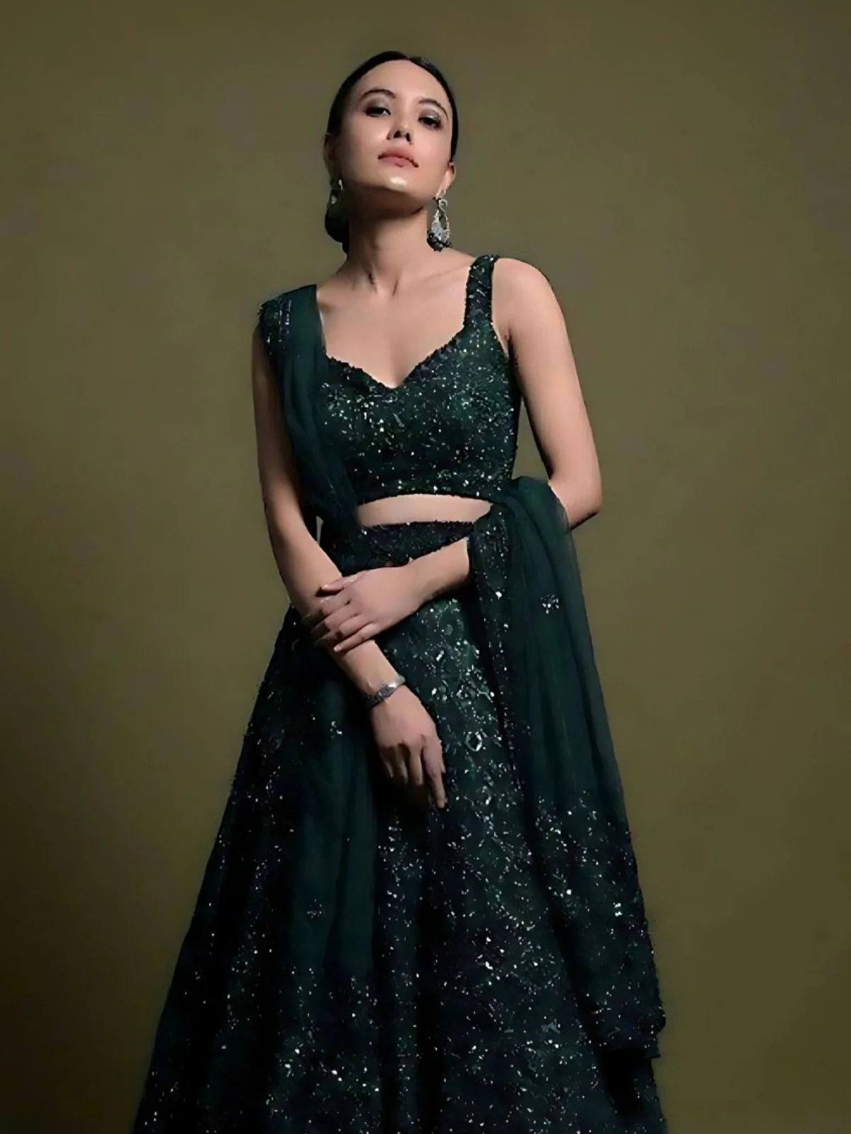 Odette Dark Green Net Embellished Semi-Stitched Lehenga For Women - Image 4