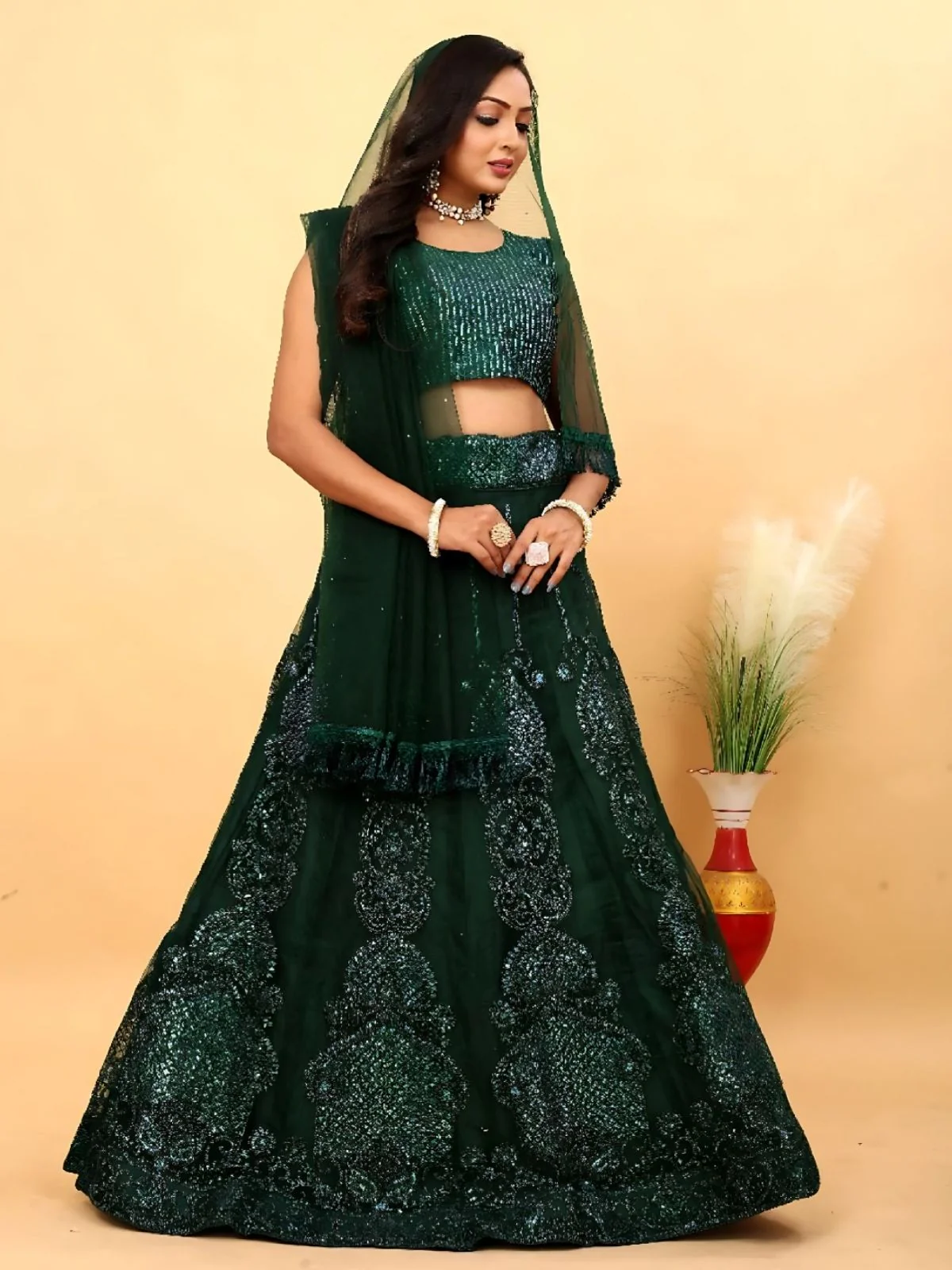 Odette Dark Green Net Embellished Semi-Stitched Lehenga For Women - Image 2