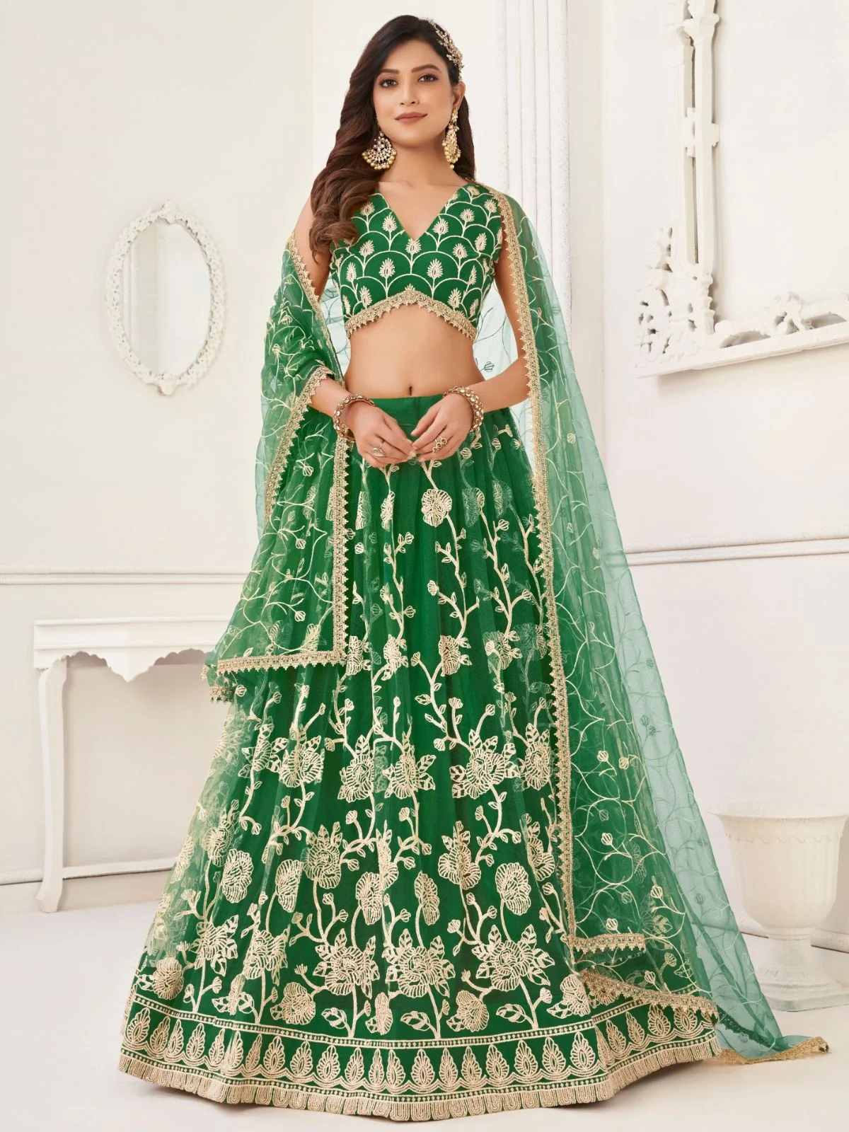 Odette Dark Green Net Embroidered Semi Stitched Lehenga For Women - Image 2