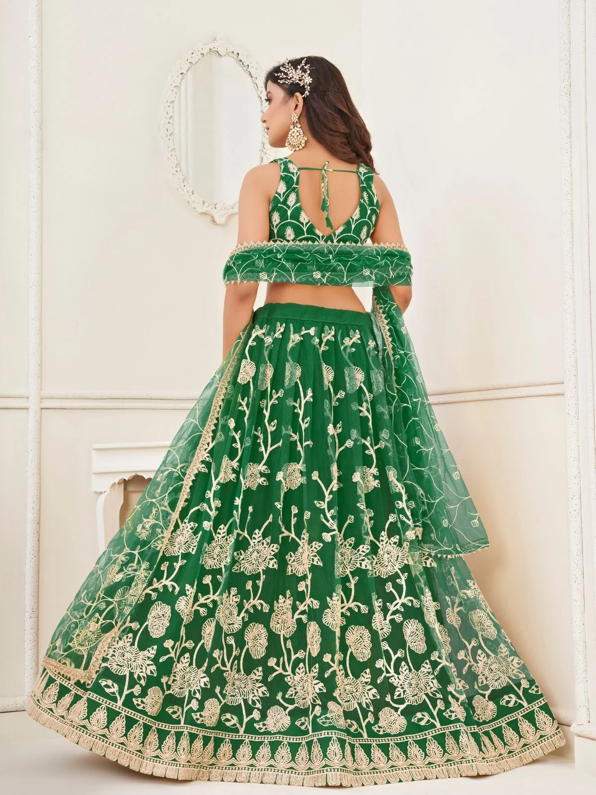 Odette Dark Green Net Embroidered Semi Stitched Lehenga For Women - Image 3