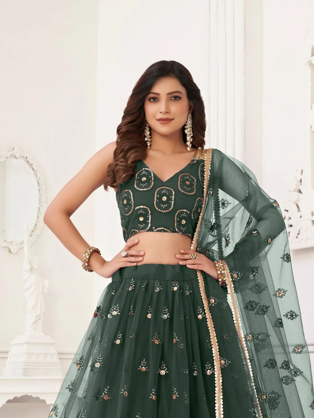Odette Dark Green Net Embroidered Semi Stitched Lehenga For Women - Image 2