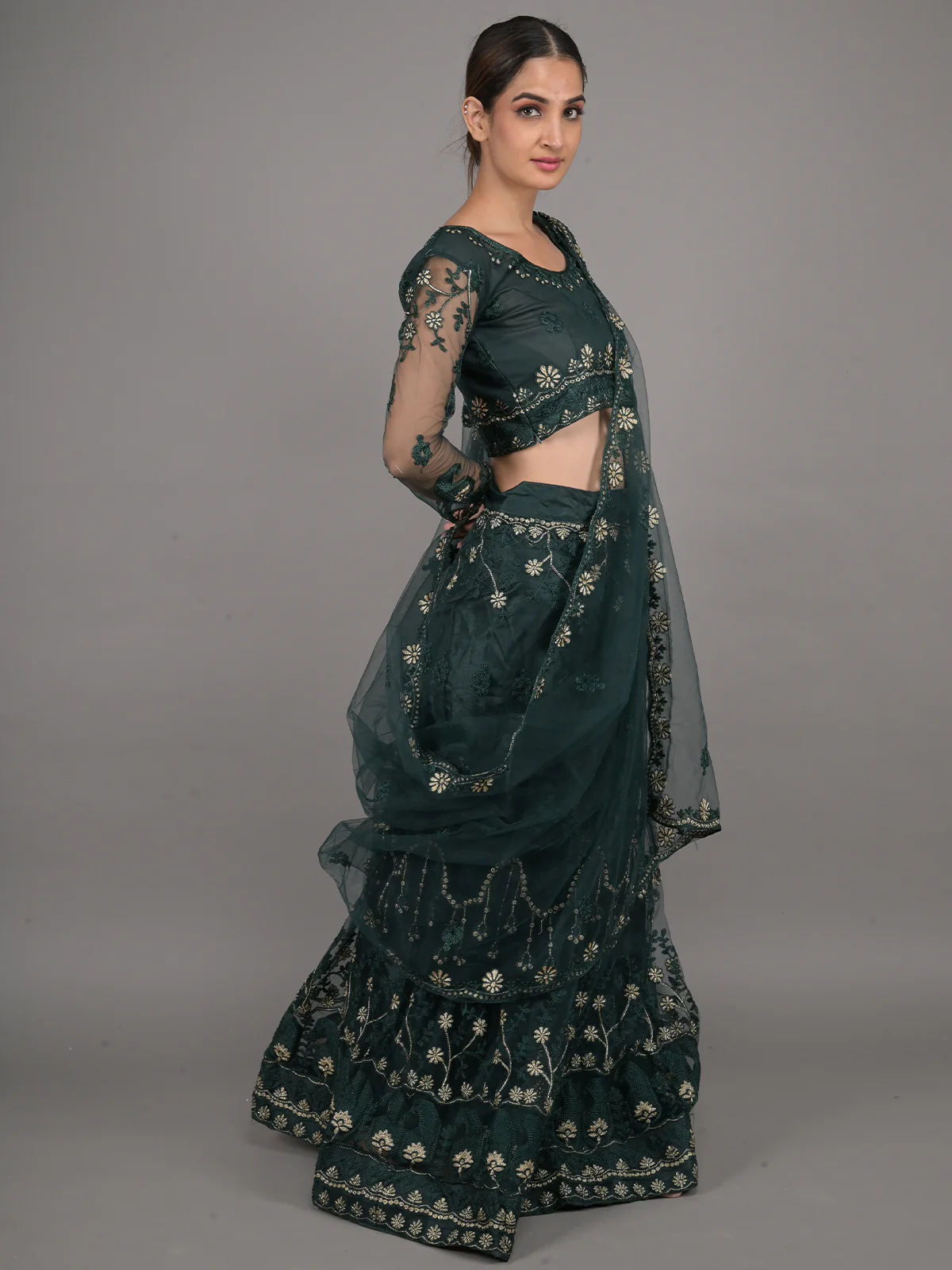 Odette Dark Green Embroidered Net Stitched Lehenga Set For Women - Image 2