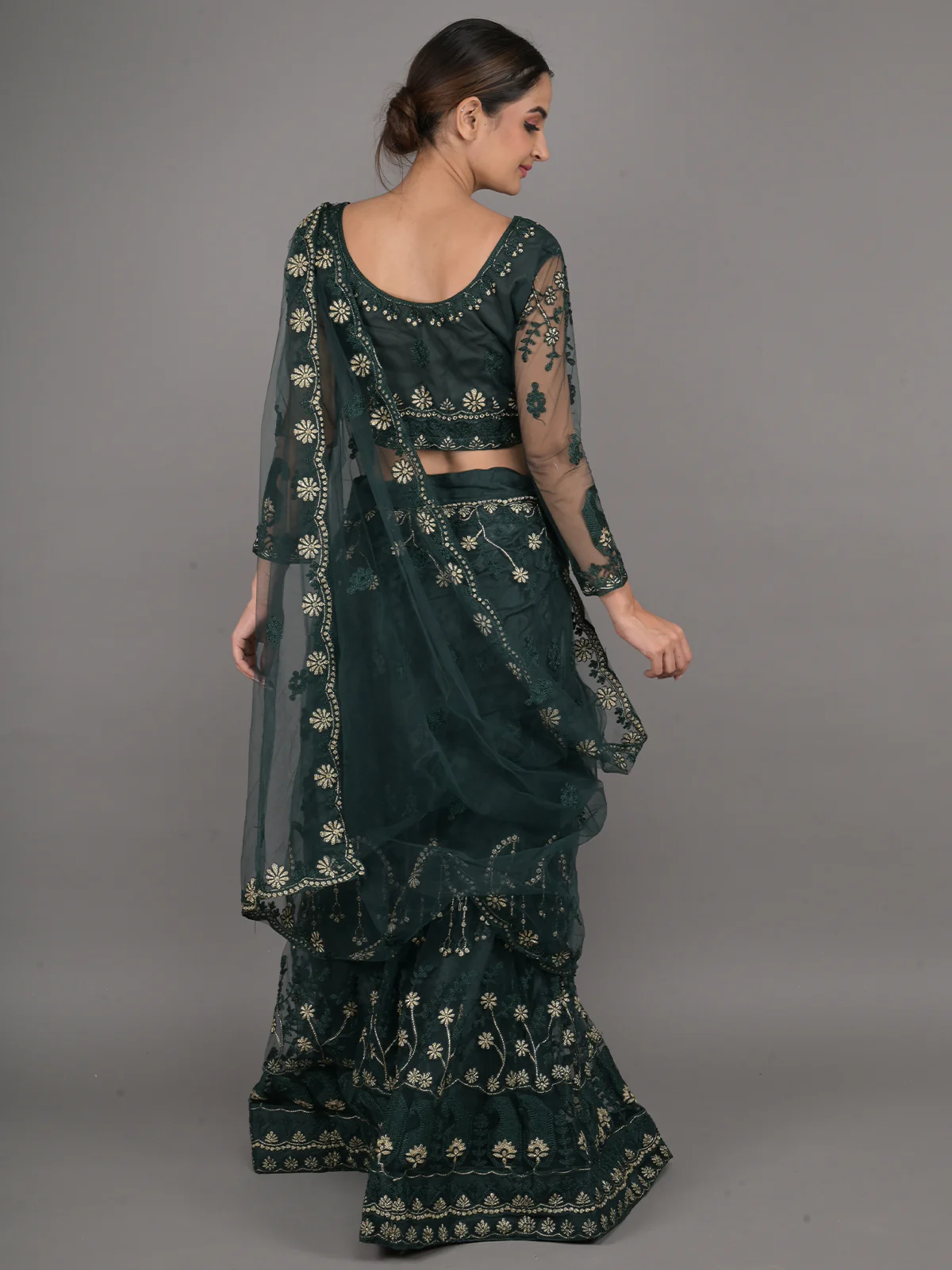 Odette Dark Green Embroidered Net Stitched Lehenga Set For Women - Image 3