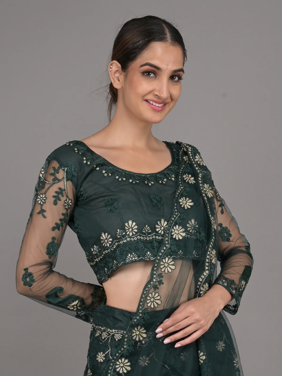 Odette Dark Green Embroidered Net Stitched Lehenga Set For Women - Image 4