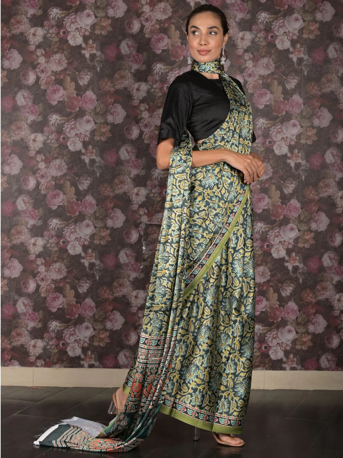 Odette Dark Green Printed Satin Saree with Unstitched Blouse for Women - Image 2