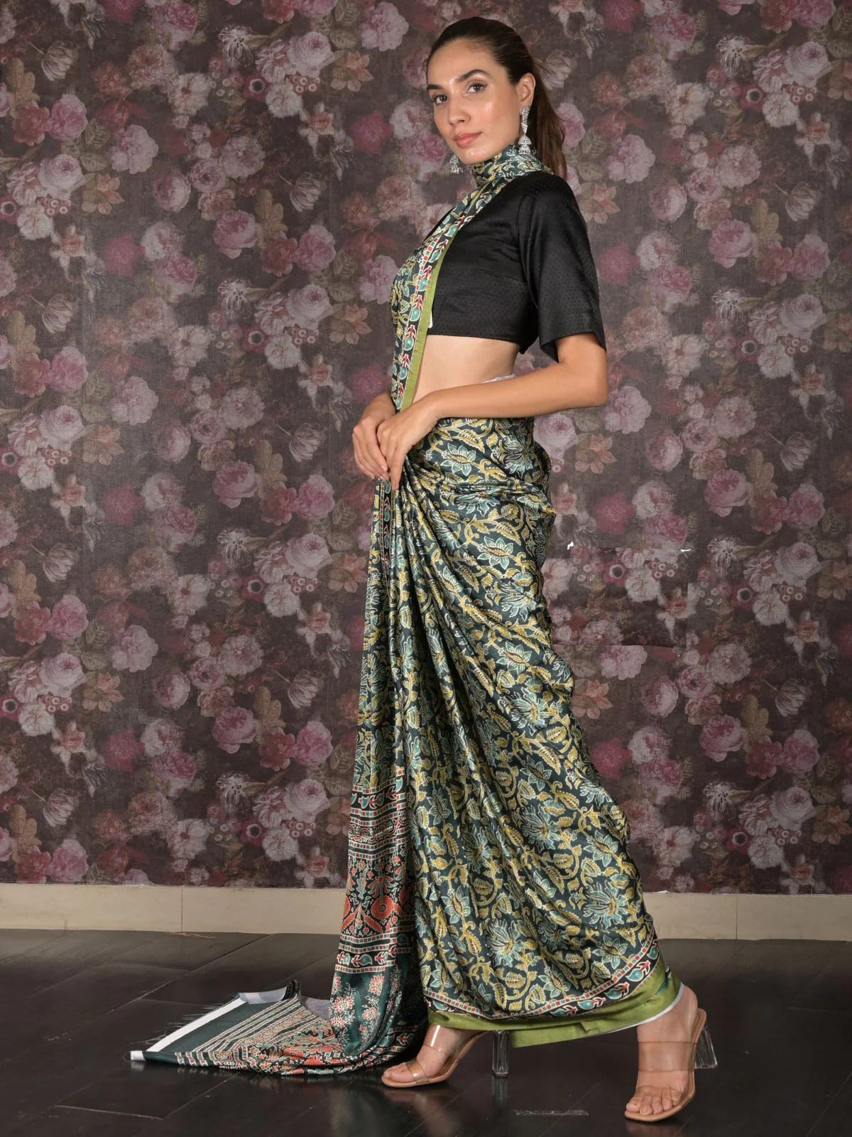 Odette Dark Green Printed Satin Saree with Unstitched Blouse for Women - Image 3